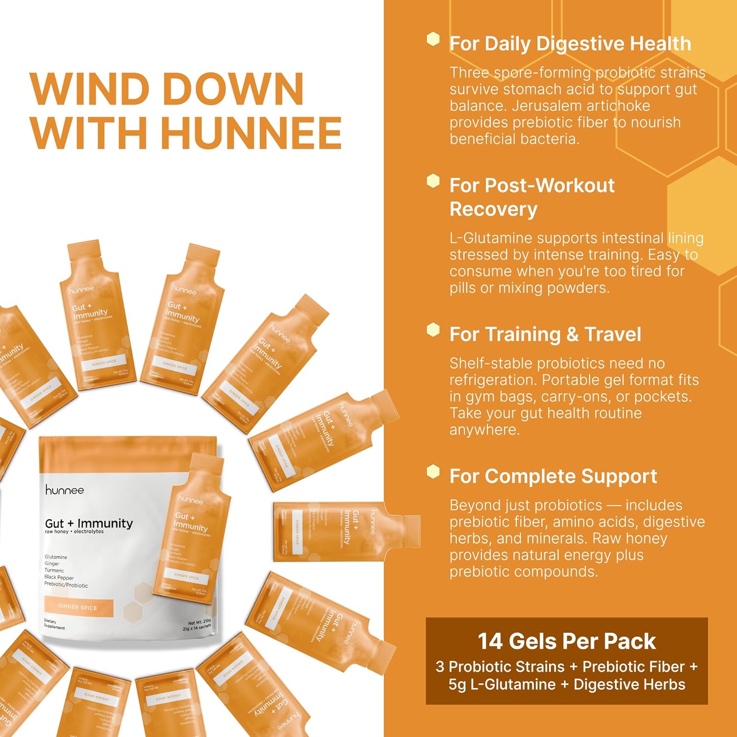 HUNNEE Gut + Immunity | Glutamine Ginger Turmeric Black Pepper Prebiotic/Probiotic Dietary Supplement | Ginger Spice Flavor | Gluten-Free, Nut-Free, Non-GMO, Plant-Based | 21g (14 Sachets)