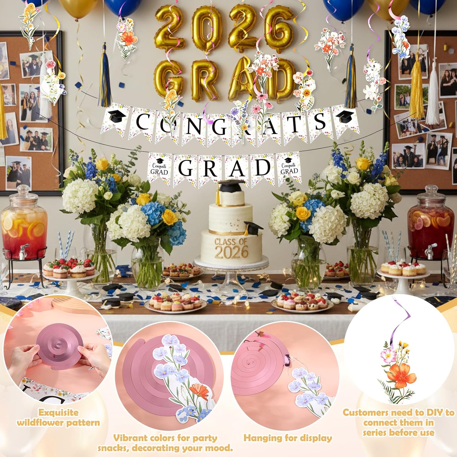 Wildflower Graduation Party Decorations 2 Pcs Class of 2026 Flower Congrats Grad Banners Garland and 18 Pcs Hanging Swirl Floral Graduation Decoration Garland Congrats Grad Supplies