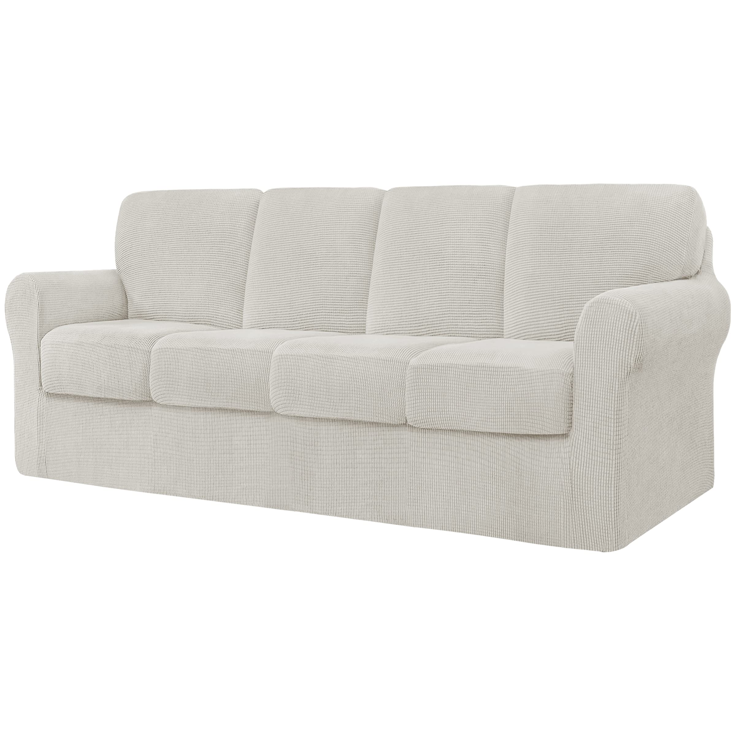 CHUN YI 9 Piece Stretch Sofa Cover, 4 Seater Slipcover with Four Separate Cushions and Backrests, Jacquard Spandex Fabric(4 Seater,Ivory)