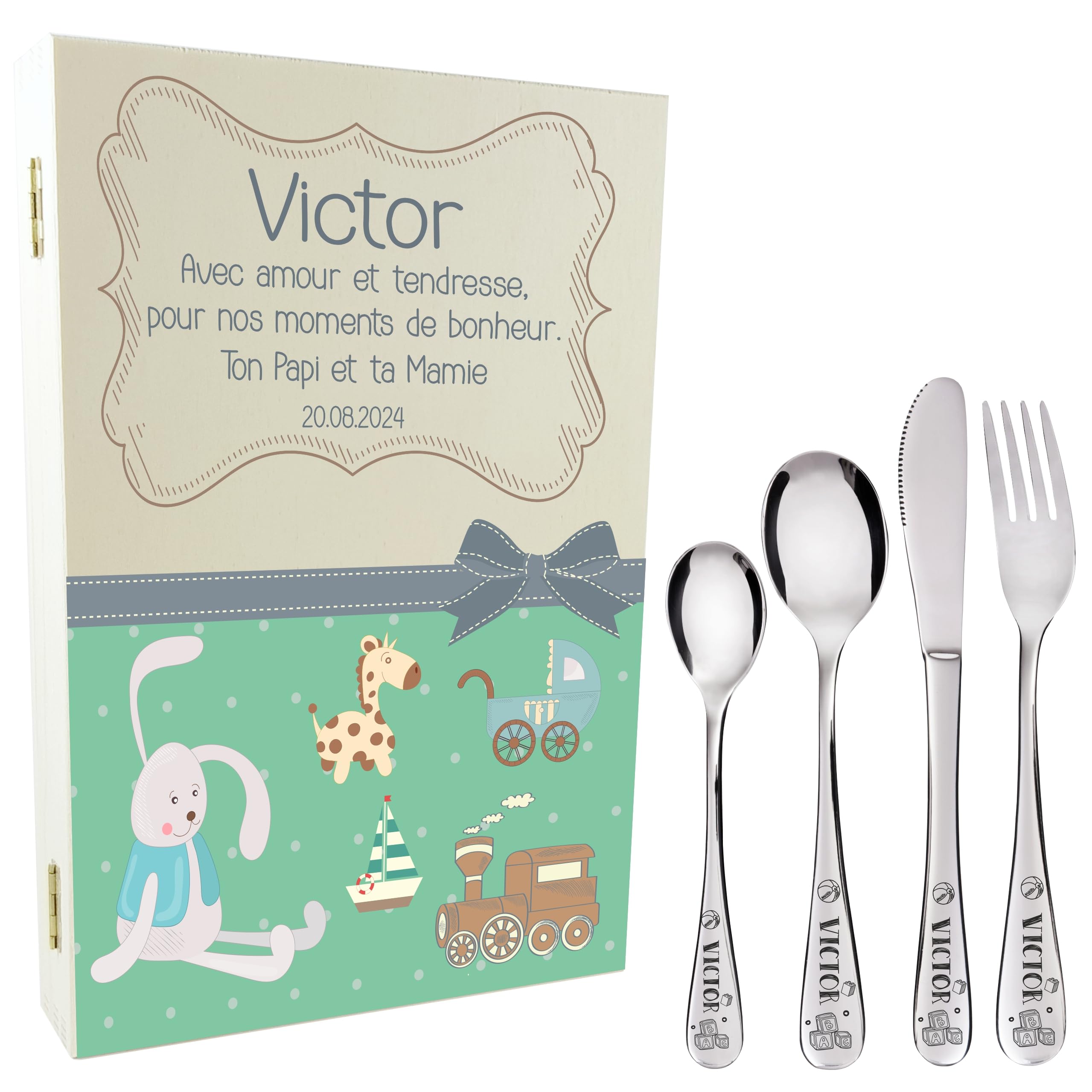 Couverts Enfant Personnalisés Gravés - Coffret Bois Avec Prénom, Modèle Renard