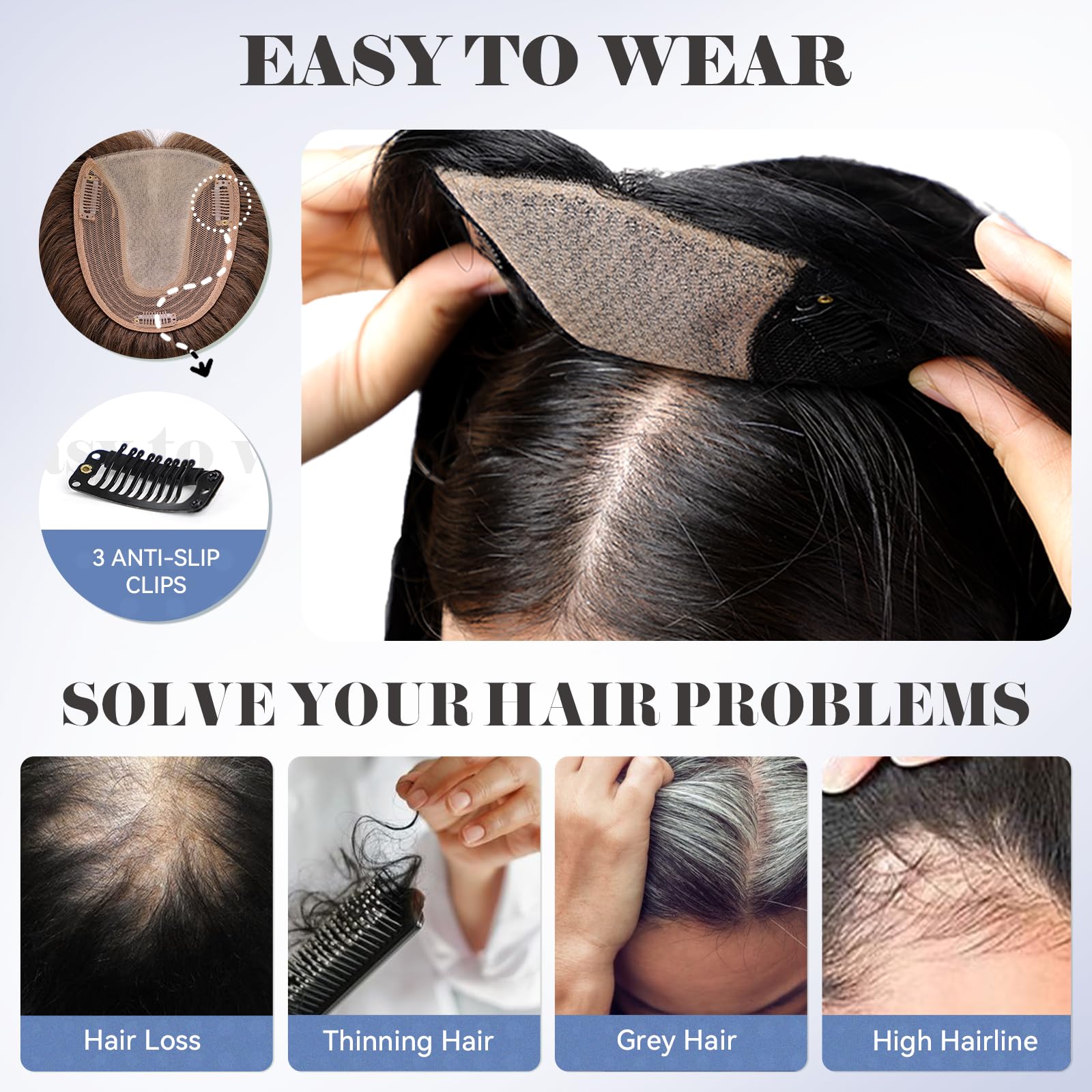 HAIRCUBE Echthaar-Haarteil ohne Pony für Damen，5x5,5 Zoll Basis，14 Zoll Hellblond & Platinblond，zur Deckung von grauen Ansätzen und dünner werdendem Haar