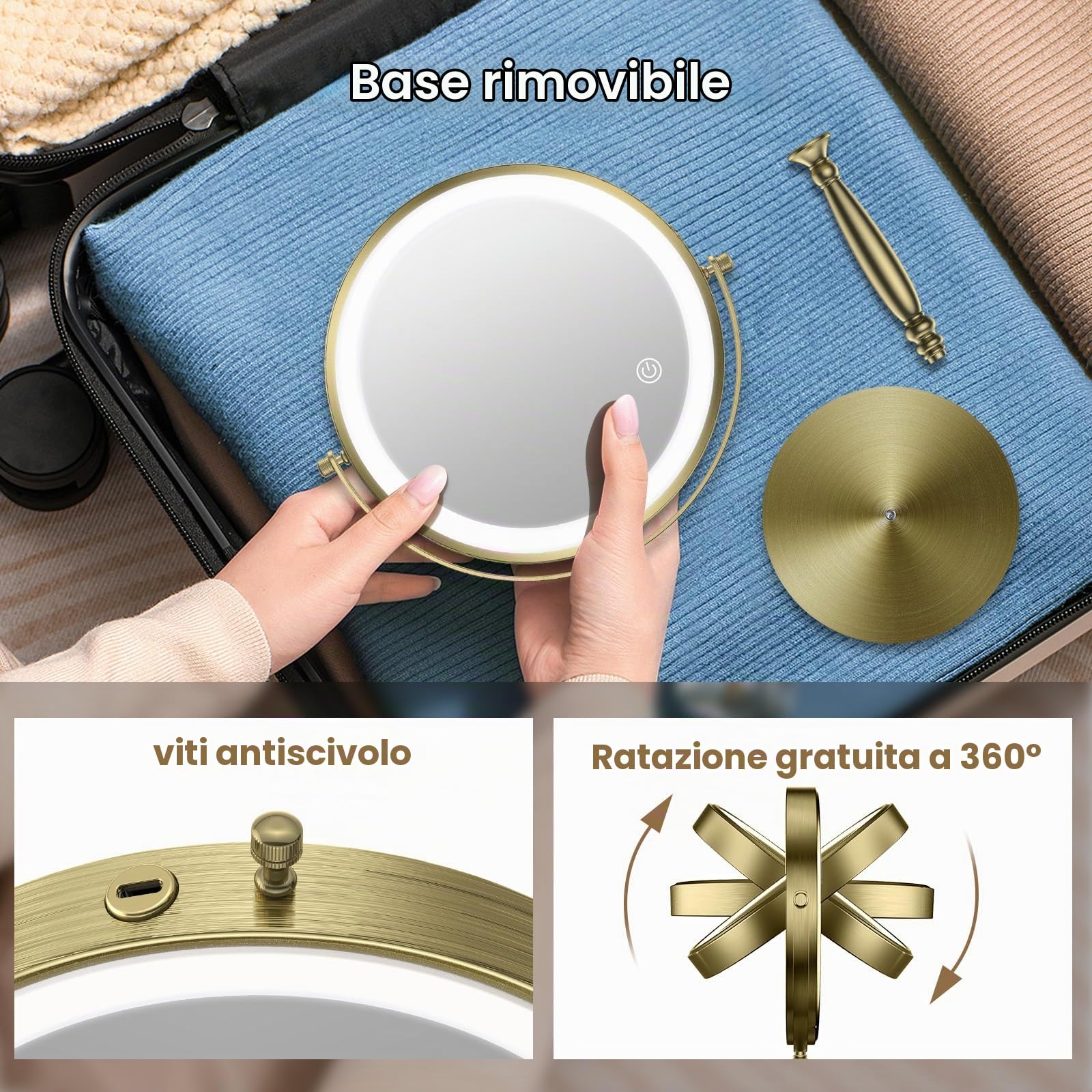 MATEPROX 8 Pollici Specchio da Trucco con Luci, Doppio Lato 1X 10X Ingrandimento, Specchio da Trucco Girevole con 3 Colori di Illuminazione, Sensore Touch e Regolazione della Luminosità-Oro