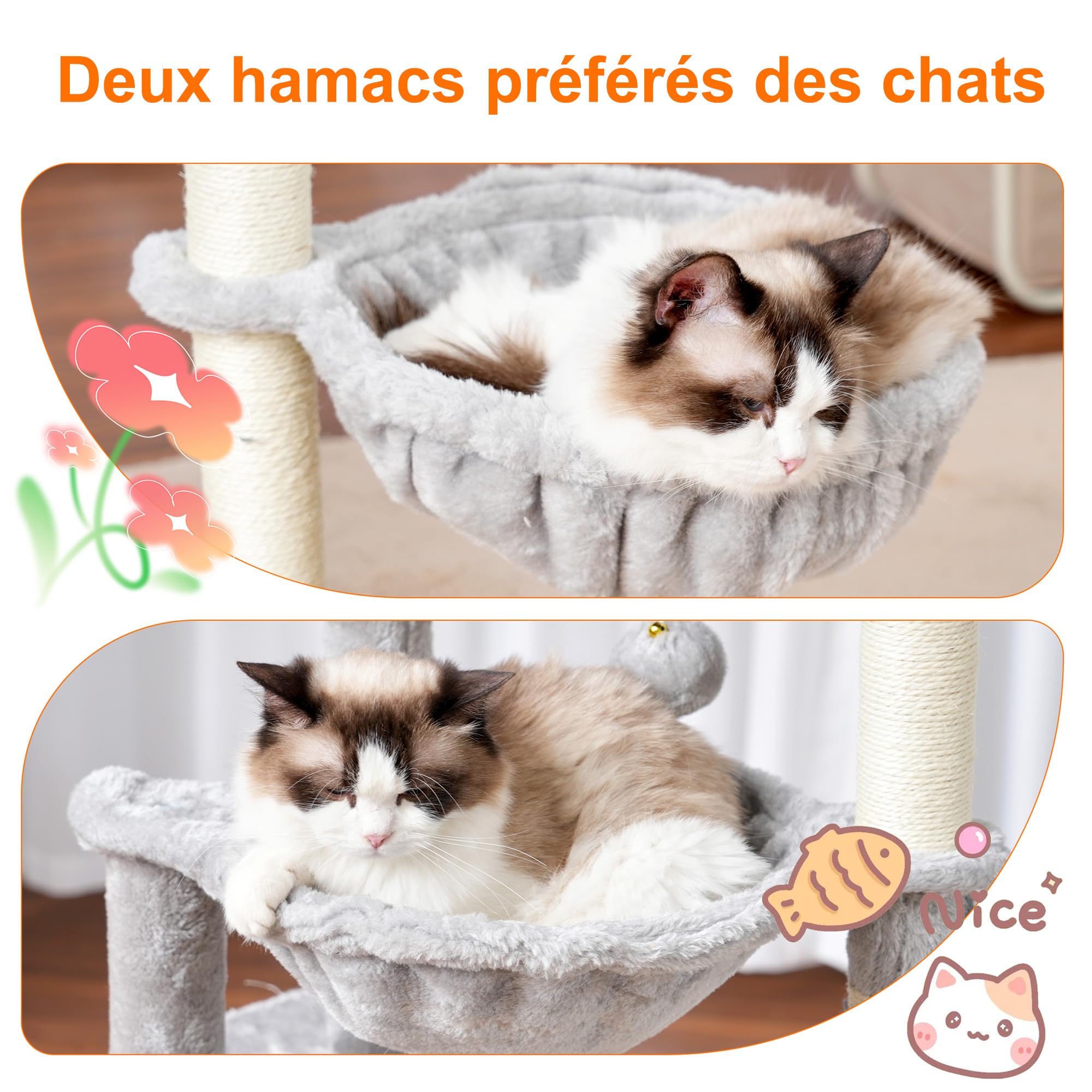 Heybly Arbre À Chat, 100 cm Petit Griffoir pour Chat De Haut avec Grande Plateforme, Grotte, 2 Hamacs, Jouets pour Chats, Meubles pour Chats, Griffoir, Gris Clair HCT006SW