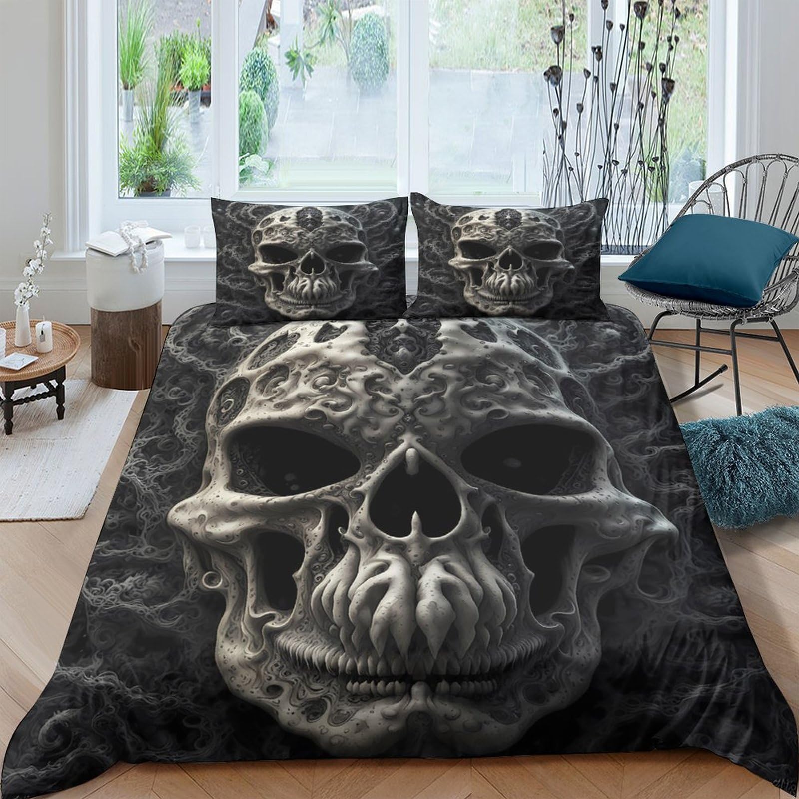 Ctjqhvkz Style-5 3D Printed Skull Fitted Sheet Microfiber Soft Breathable Gothic Smoke Bed Cover For Bedroom Guest Room Mattress Decor Single（135X200cm）