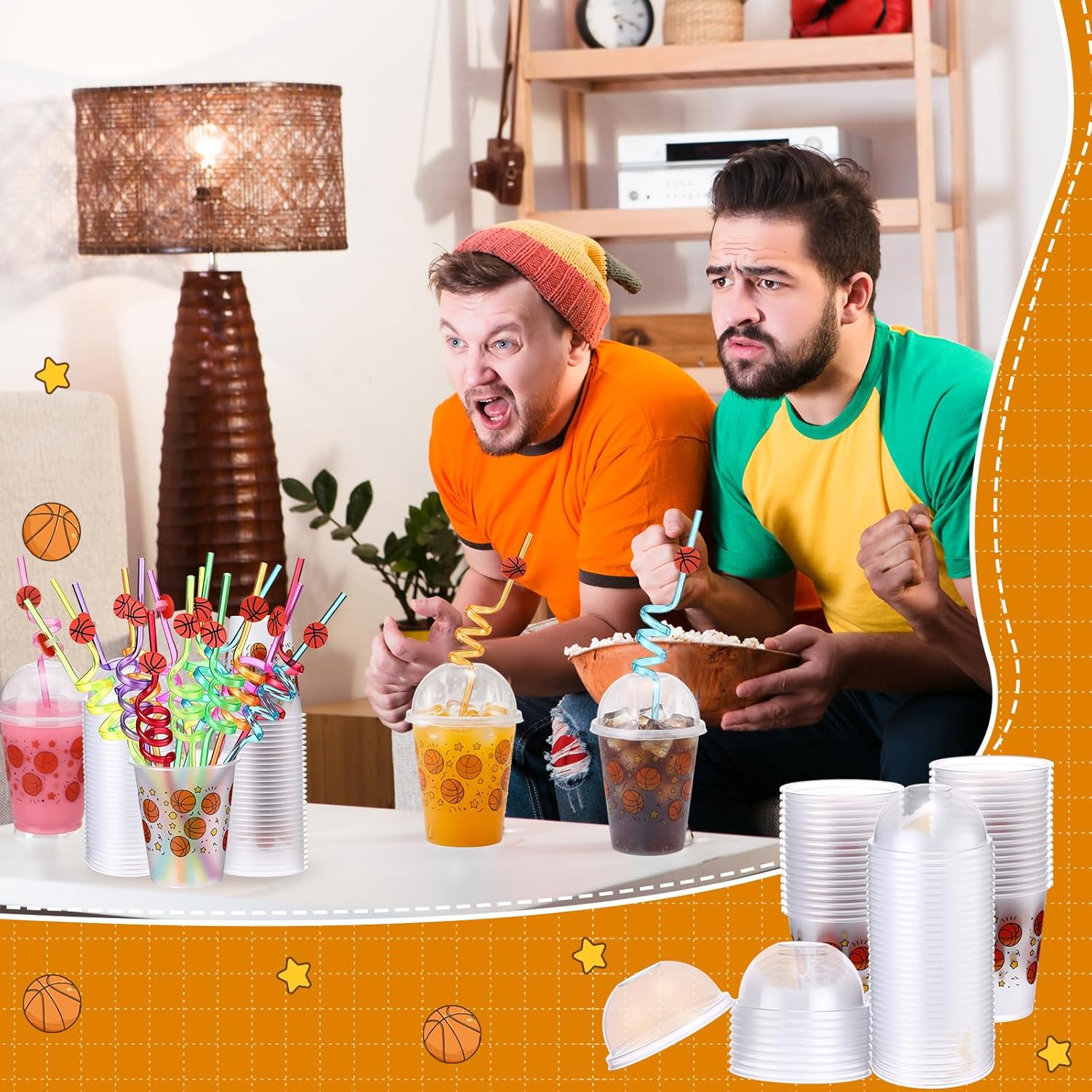 64 Set Basketball Party Plastic Cups with Lids and Straws, 12 oz Frosted Reusable Drinking Cups Bulk Basketball Tailgate Sports Party Decorations for Birthday, Game Day, and Team Events