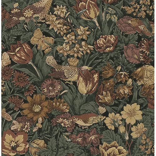 NextWall Bird Floral Vintage Peel and Stick Wallpaper (Mahogany & Graphite)