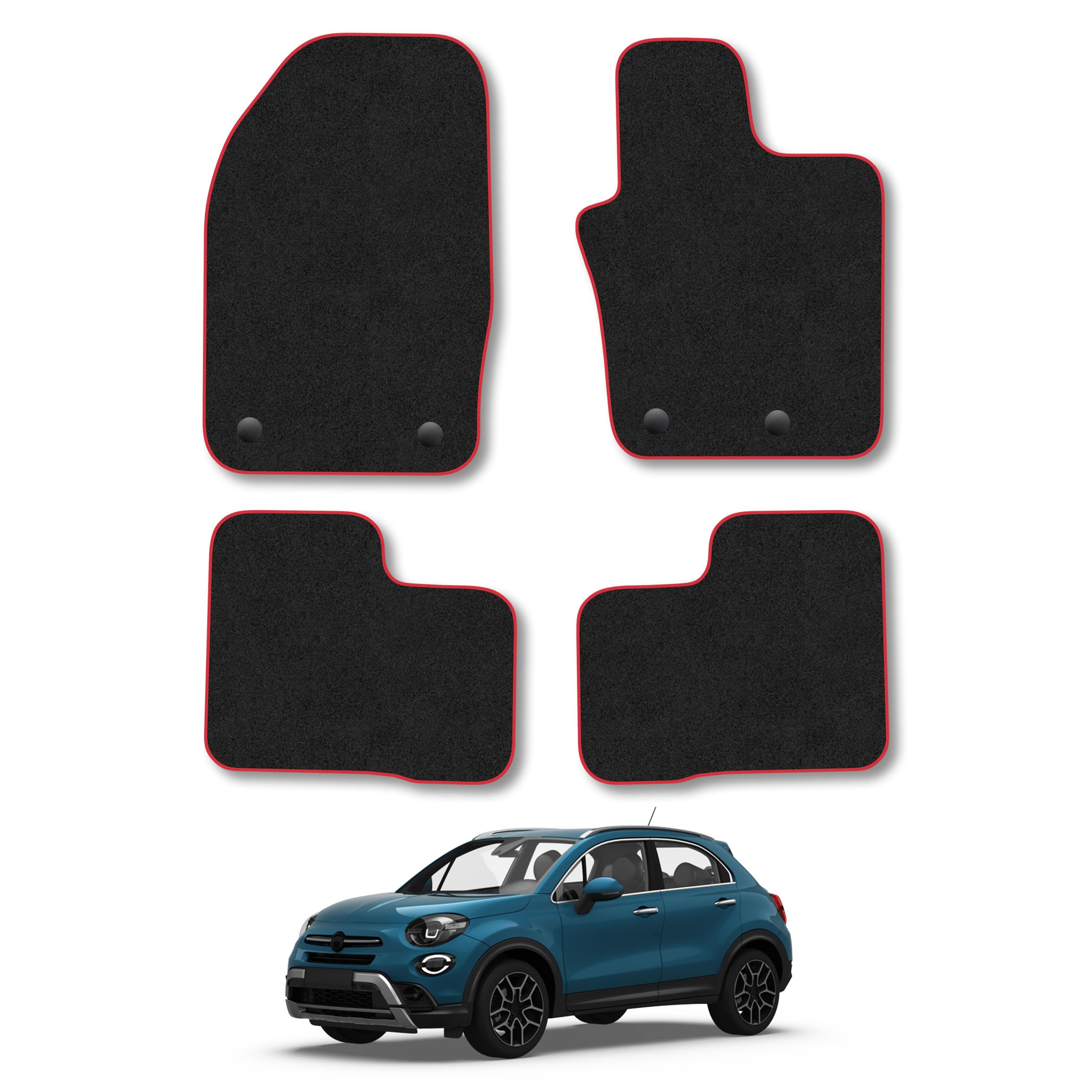 Car Mats Compatible With Fiat 500X (2016+) Red Trim Carpet Tailored Fit Car Floor Mats Set Accessory Custom Fit Water-Resistant Anti Slip Backing All Weather Full Coverage Hand-Finished With Clips
