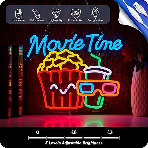 Miniatura 4 de Movie Time - Letrero de neón para sala de cine de palomitas de maíz, luz LED, alimentada por USB, para decoración de pared, sala de cine, fiesta,