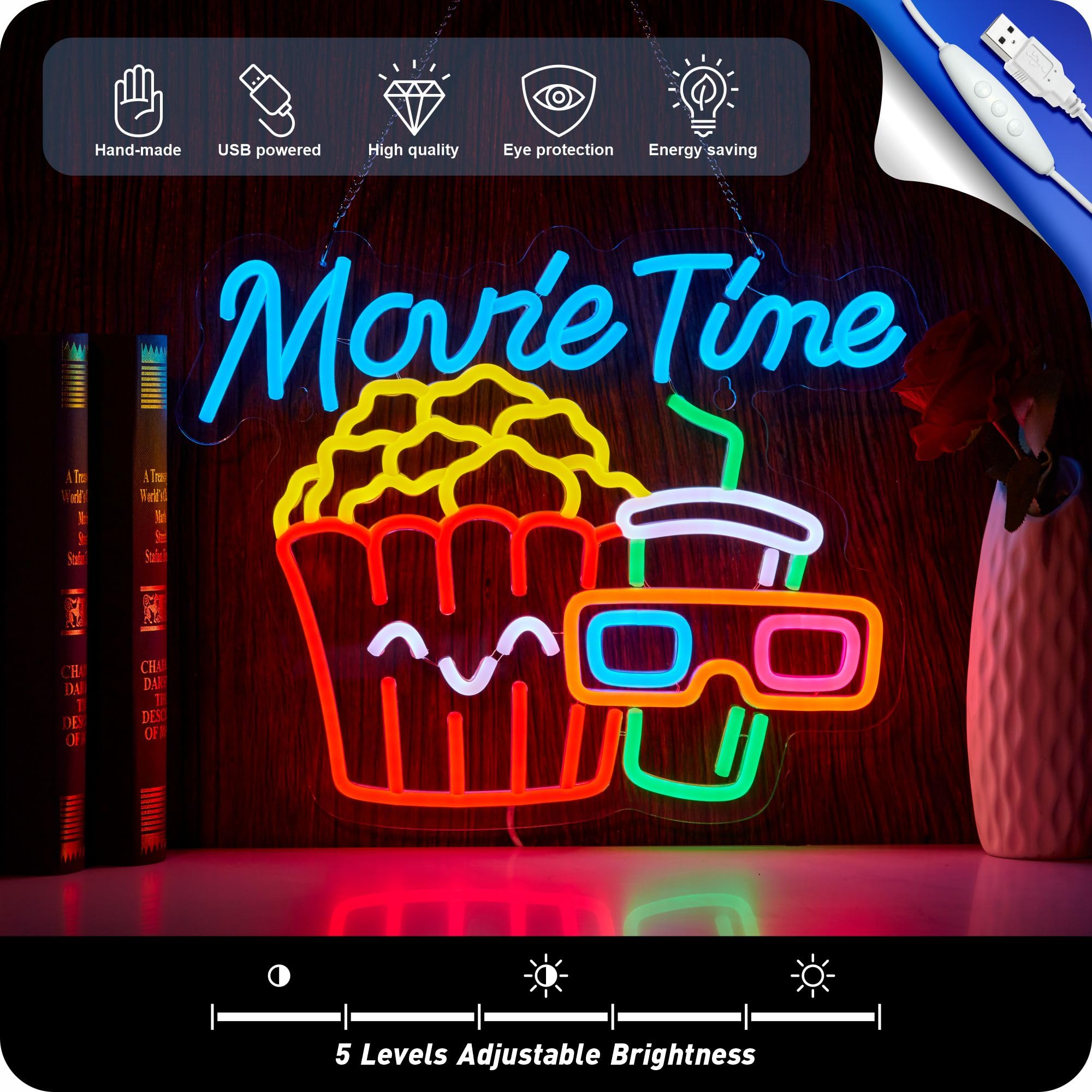 Movie Time Neon Sign Popcorn Cinema LED Neon Light per la decorazione della parete Dimmerabile Neon per Film Cinema Room Party Man Cave