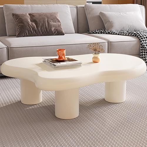 Mesa de centro blanca crema, bonita mesa de centro en forma de nube con 3 patas cortas, moderna mesa de centro de borde redondo en vivo, mesa de
