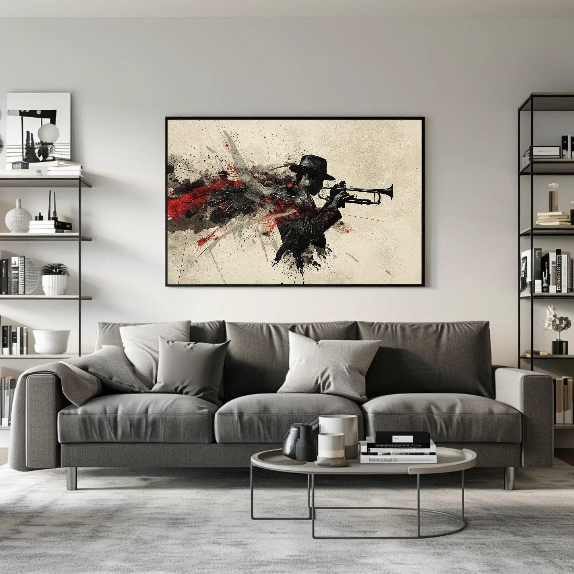 CAOXTART Dipinto astratto di musica jazz, poster con stampa su tela, poster da parete musicale incorniciato, per l'arredamento del soggiorno e dello studio (60x90 cm/cornice interna)