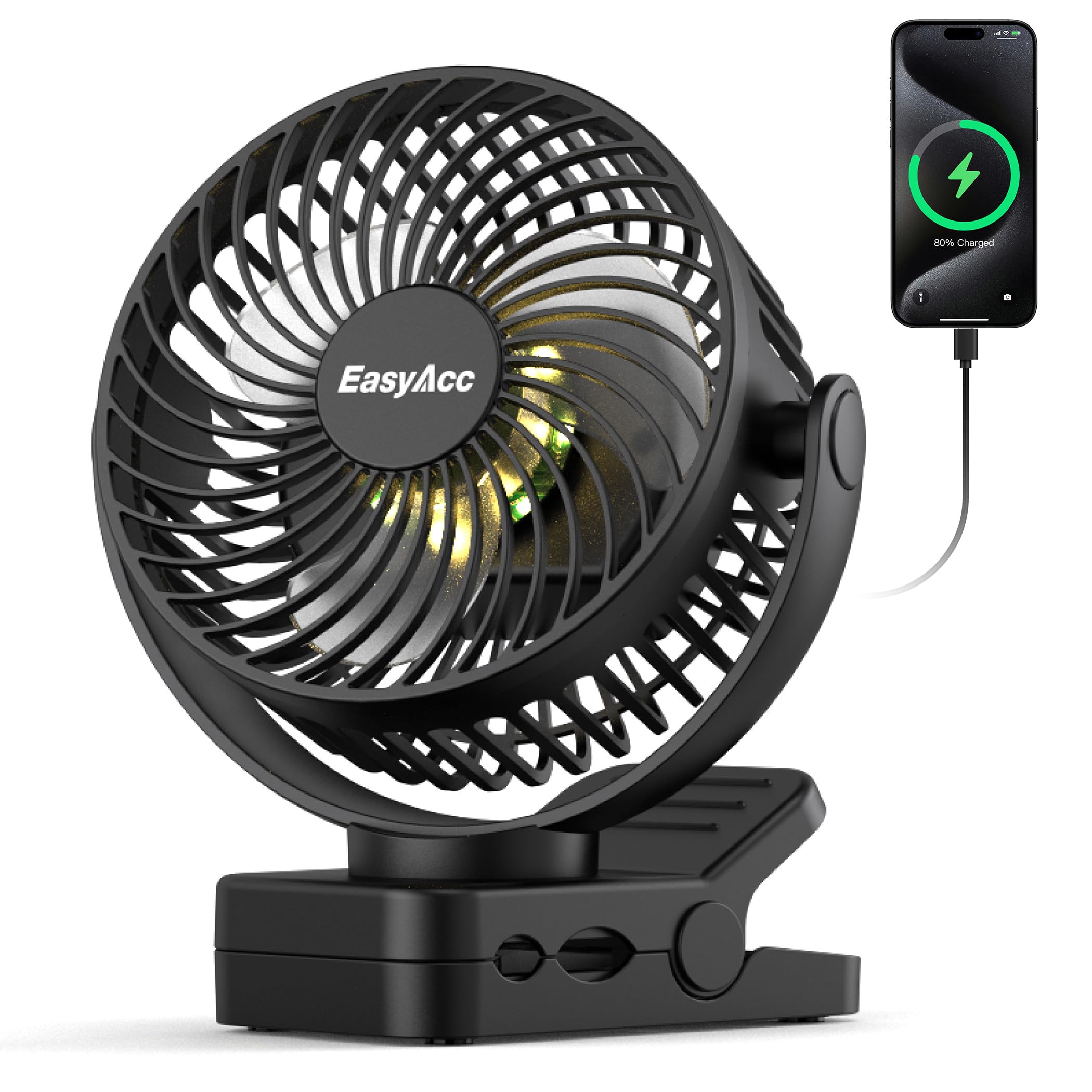 EasyAcc Portable Clip Fan with Magnetic Base & LED Light, 13000mAh Rechargeable Camping Fan, 360° Rotating Tent & Desk Fan, 3 Speeds, Timer, USB Type-C