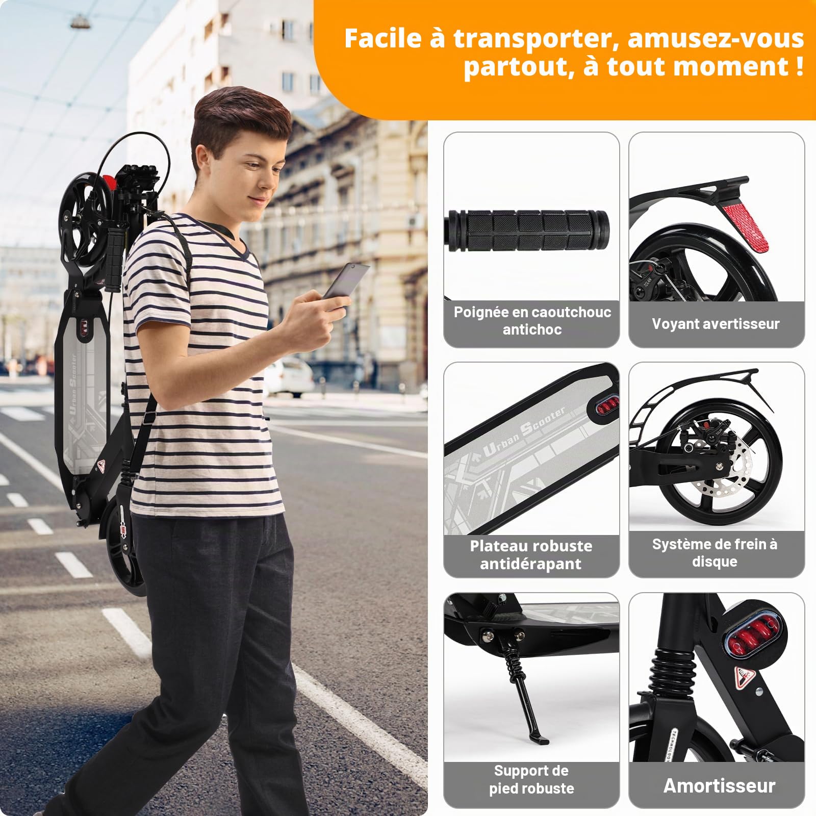 Trottinette Pliable pour Enfants de 8 à 12 Ans et Plus, Grandes Roues de 200 mm avec Freins à Disque, Trottinette pour Adultes avec Sangle de Transport et Double Absorption des Chocs