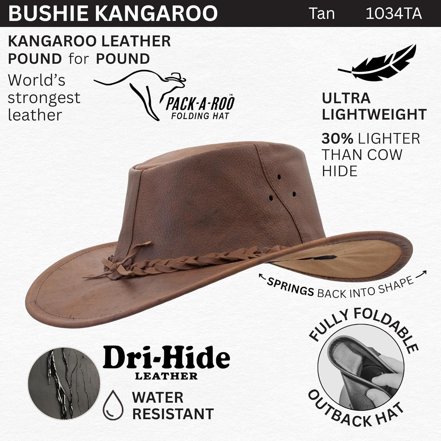 1034 Kangaroo - Australian Kangaroo Leather Cowboy Hat - Foldable, Ultra Light, Durable, Water Resistant - Image 3