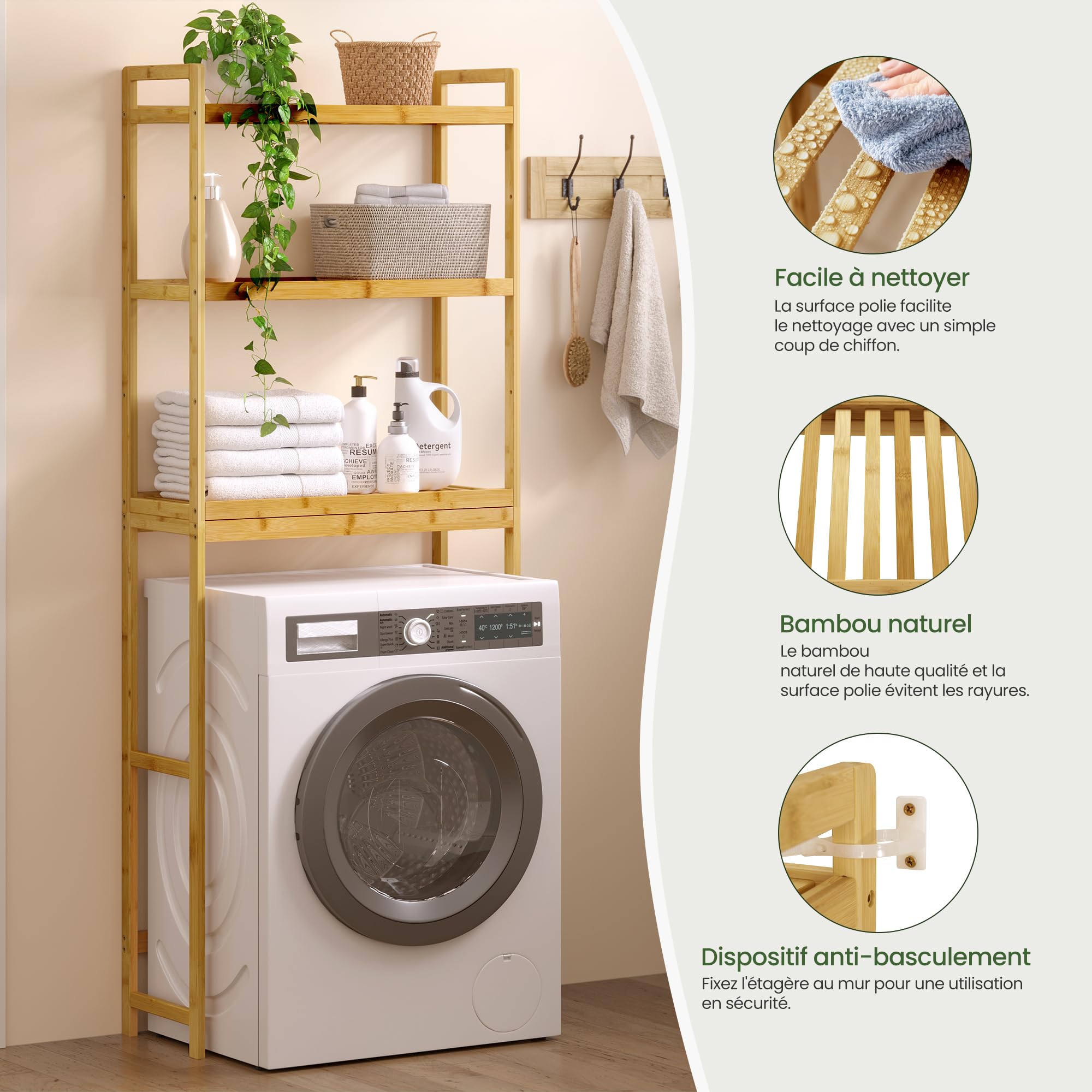 EUGAD Étagère Salle de Bain en Bambou à 3 Niveaux, Meuble au-Dessus Machine à Laver, pour Salle de Bain, Buanderie, 63,5x26x163 cm, en Couleur de Bambou Naturel