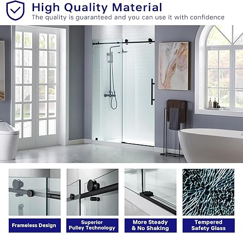 Miniatura 2 de WOODBRIDGE Puertas de ducha sin marco de 56-60 pulgadas de ancho x 76 pulgadas de alto con vidrio templado transparente de 38 pulgadas (0.394 in) en