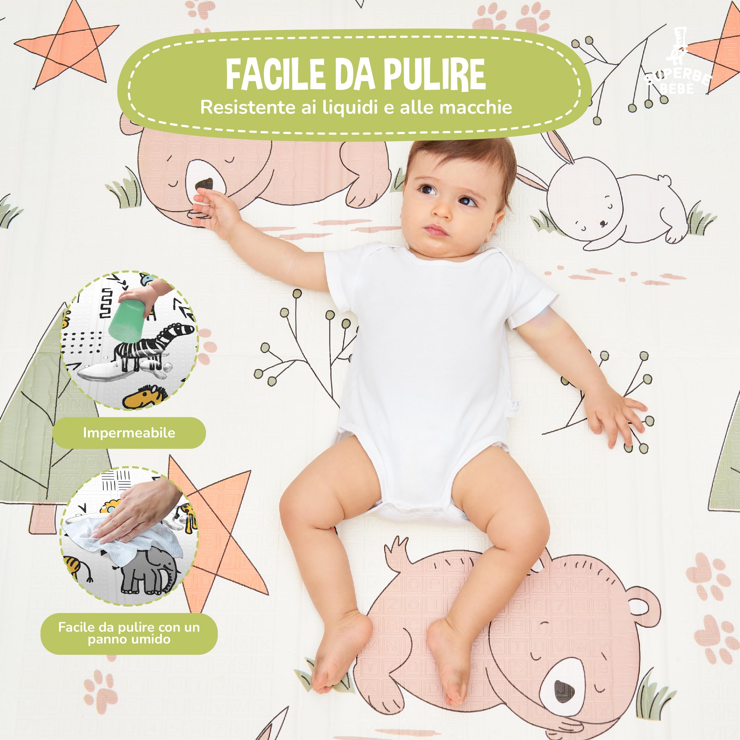 Tappeto Gioco Bambini Pieghevole 150x180x1cm Palestrina Neonato Montessori Reversibile Non Tossico E Impermeabile In Schiuma Per Bimbi. Palestra Neonati - Tappeto Tummy Time Neonati - Regalo Bambino