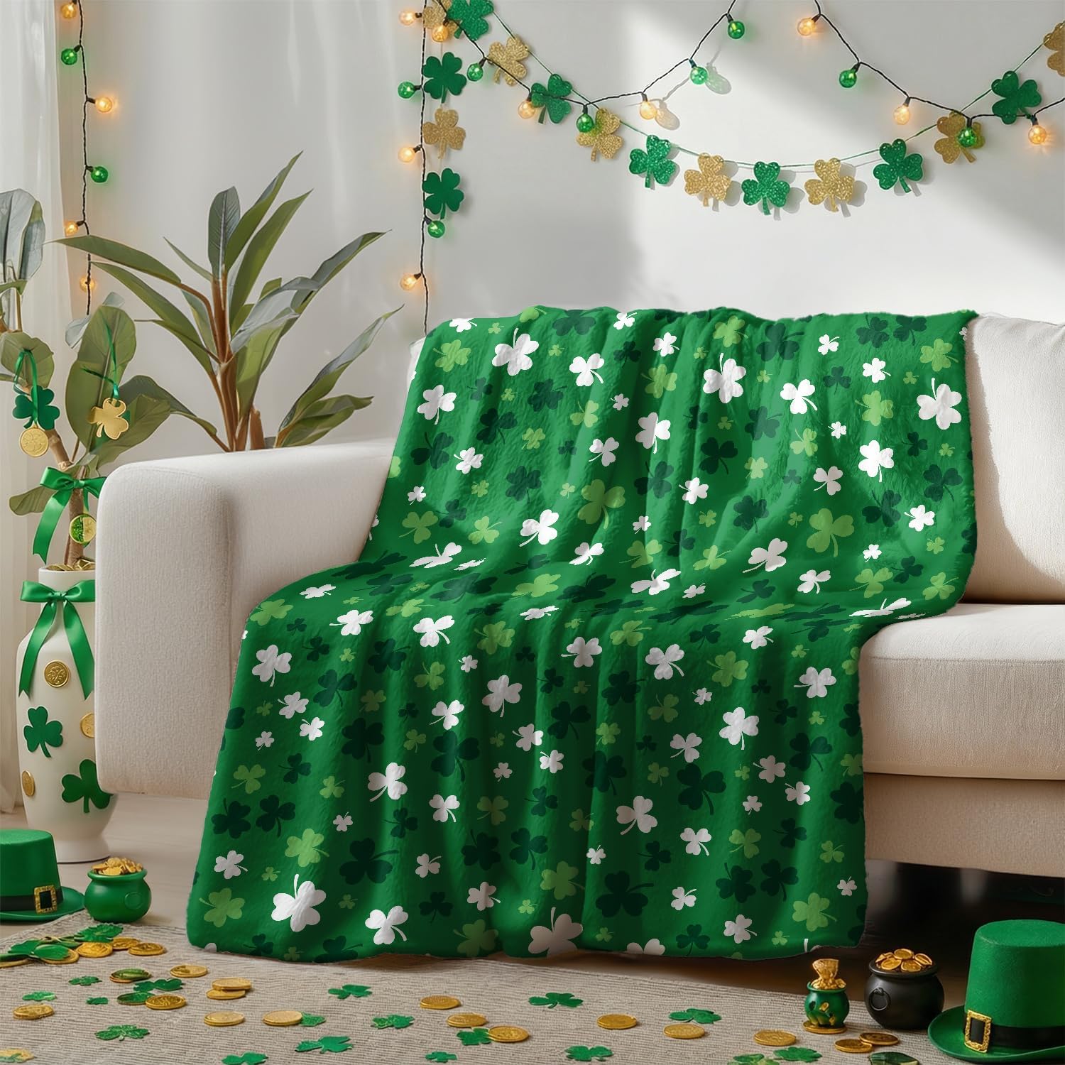 Horaldaily St. Patrick's Day Flannel Blanket Throw, Spring Shamrock Green Leaves Soft Fuzzy Plush Cozy Fleece Blankets for Couch Sofa Bed Lounging, Ideal Gifts for Kids Adults Self, 50x60 - Image 4