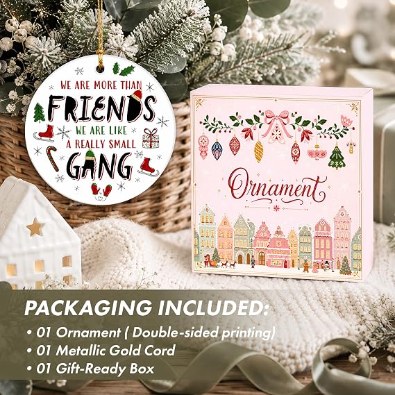 Funny Friendship Christmas Ornament 2026 - Small Gang Ceramic Holiday Hanging Keepsake with Winter Icons - Humor Gift for Close Friend, Coworker, Sister, Brother, BFF, Friend Group