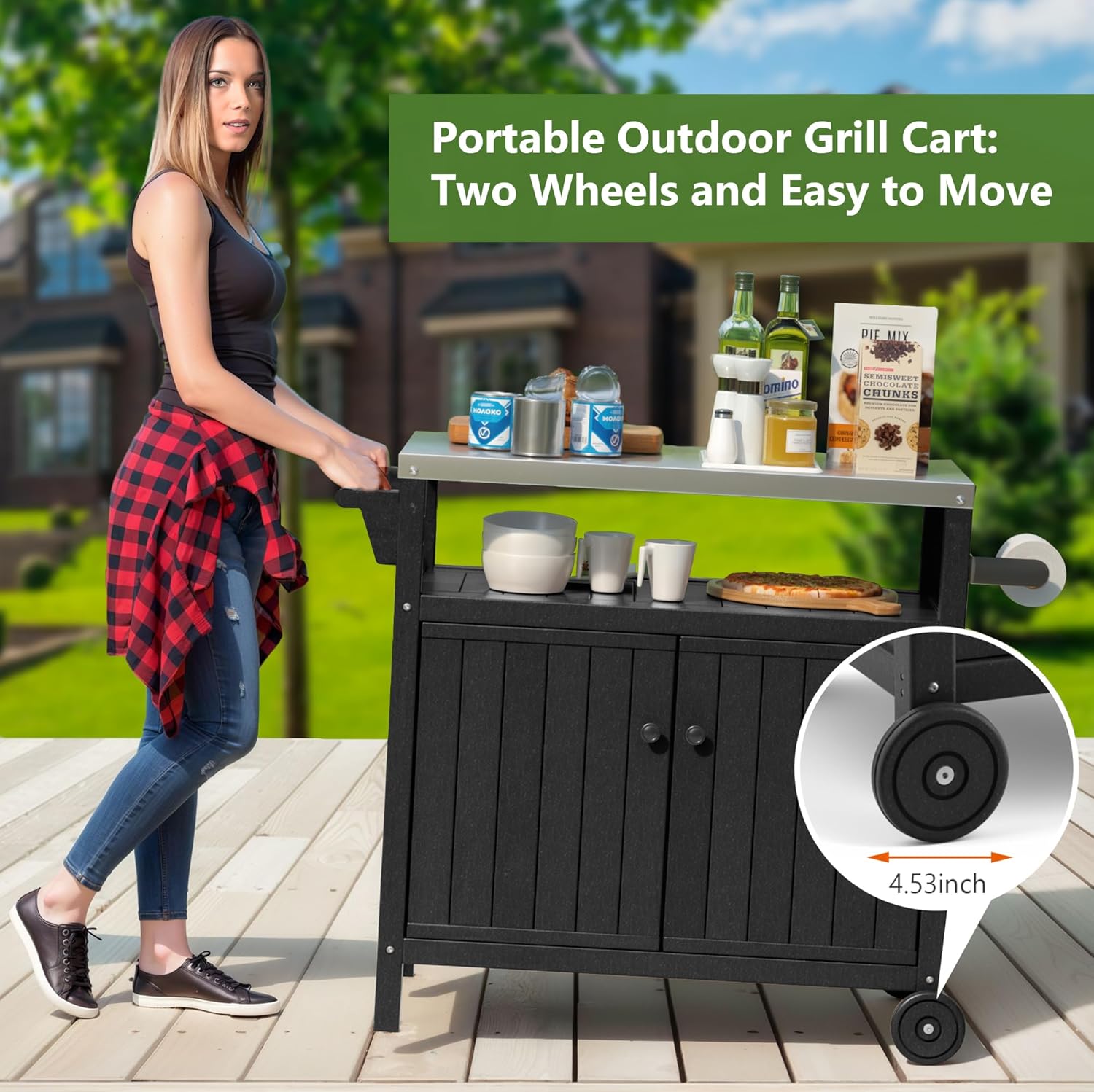 TORVA Portable Outdoor Grill Prep Table with Storage, Waterproof Outdoor Grill Cabinet, Stainless-Steel Tabletop Outdoor Kitchen Island, BBQ Cart with Wheels, Hooks and Side Shelf | Black