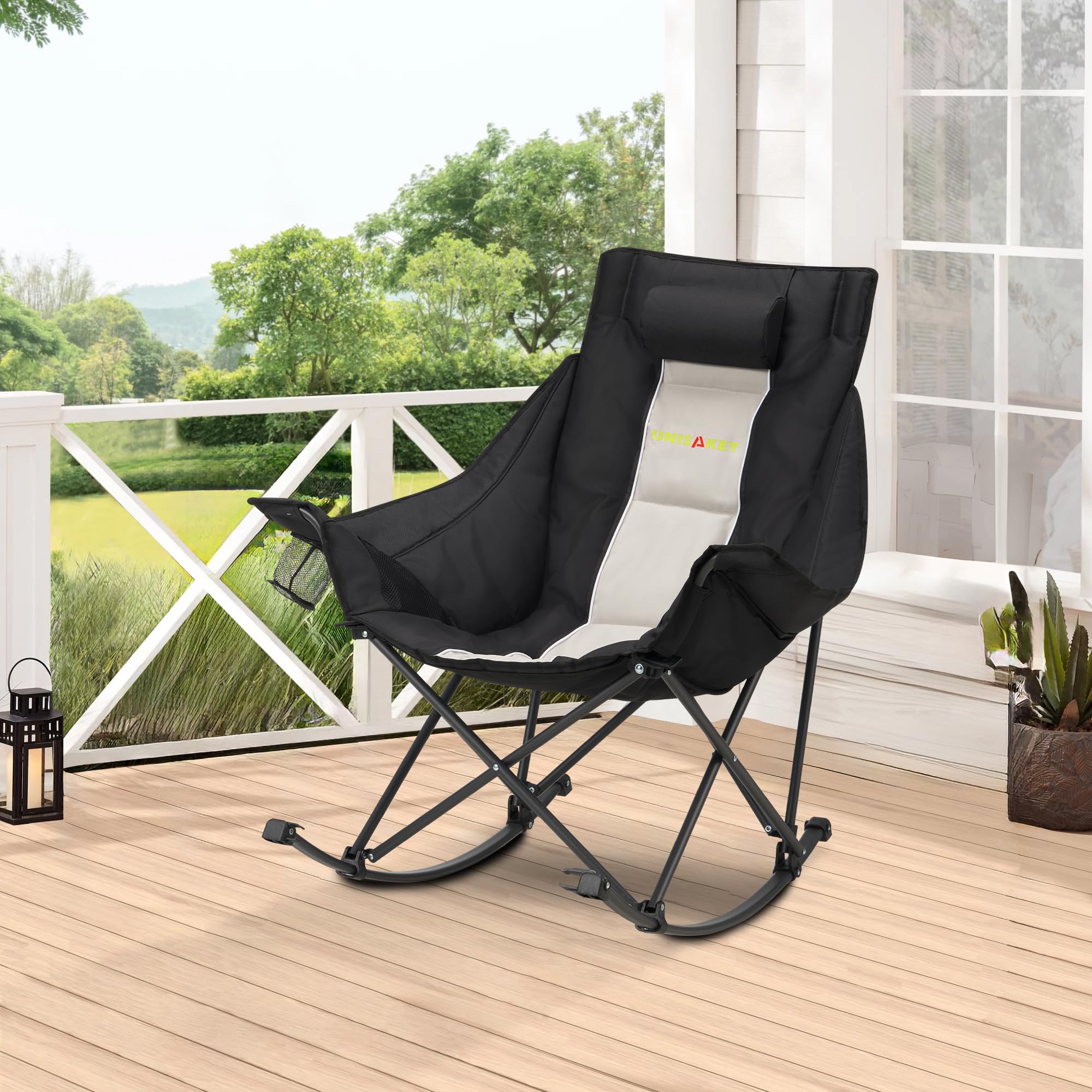 Oversized Rocking Camping Chair with Headrest & Cup Holder - 400lbs Capacity, 600D Oxford Fabric, Easy Fold Portable Outdoor Rocker Chair for Camping, Backyard, Beach, Light Gray