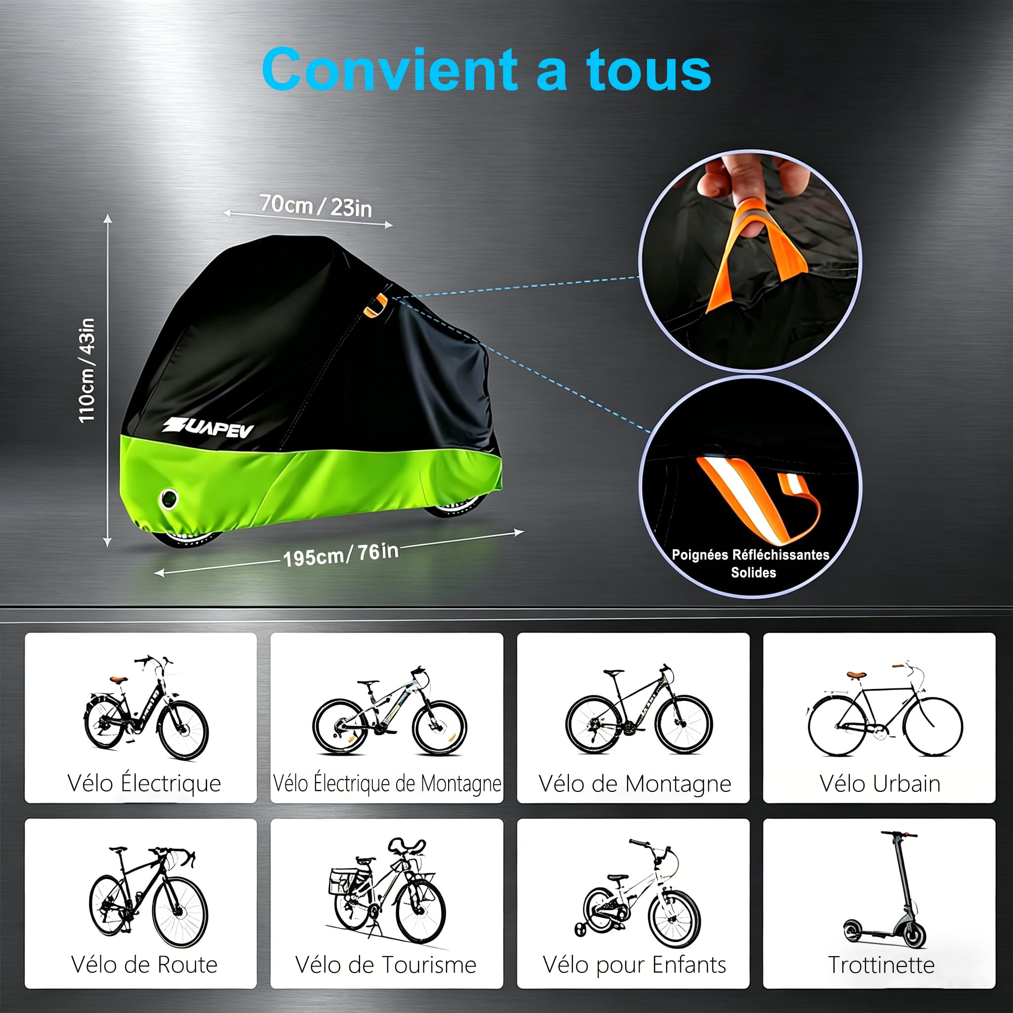 ZUAPEV Housse Velo Exterieur Protection, Bache Velo Exterieur Impermeable 210D Bâche Vélo Etanche, Protege Pluie Couverture 1 Vélo de Course/Route/ VTT/Electrique/Ville/Enfant