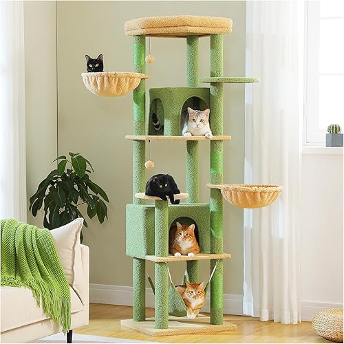 Miniatura 14 de PAWZ Road Torre alta para gatos, árbol para gatos de 70 pulgadas con hamaca, 5 postes rascadores, 2 condominios y una gran percha superior para