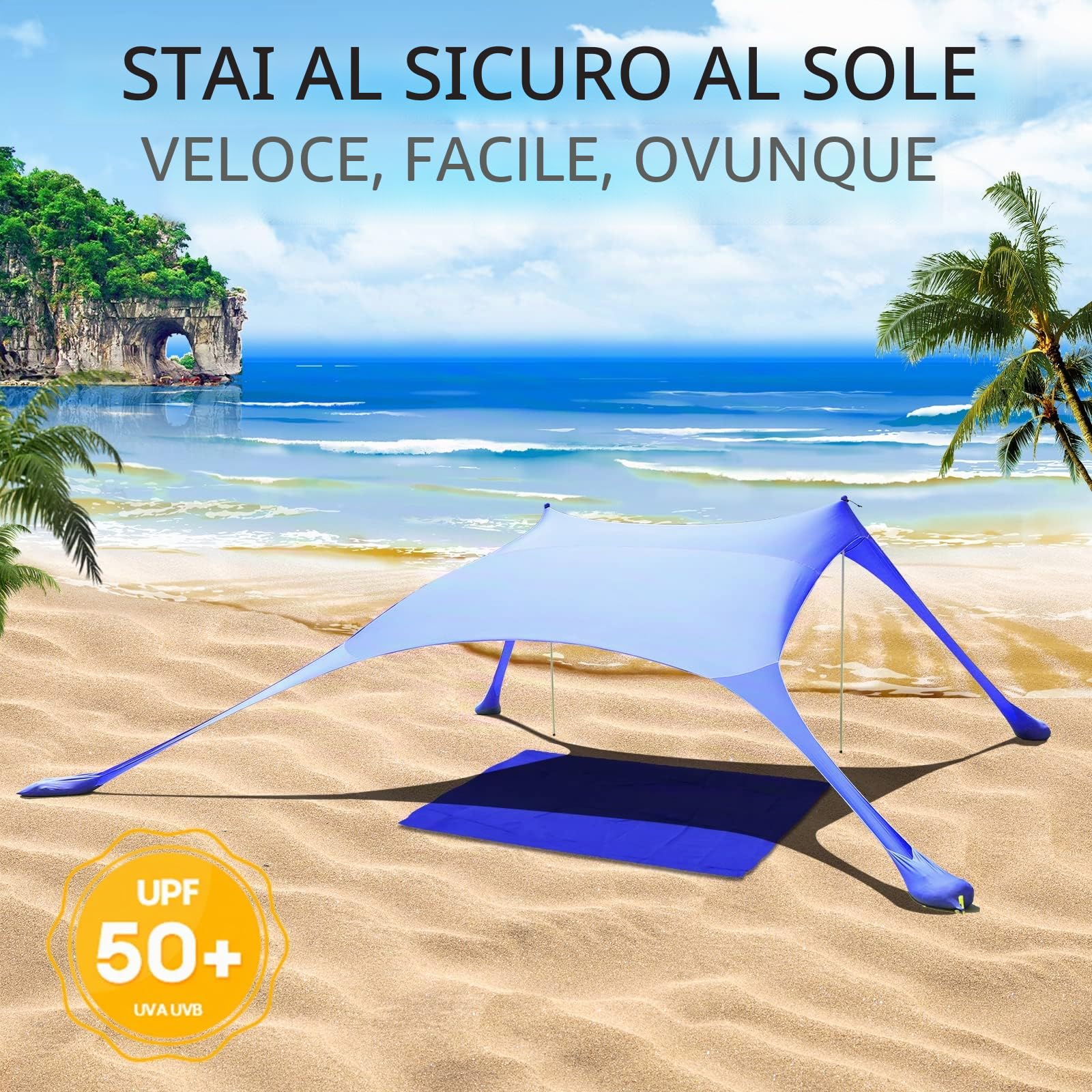 Tenda da spiaggia UPF50+, protezione UV, piccola tenda da sole per esterni, con 2 pali per campeggio, spiaggia, pesca, cortile e picnic