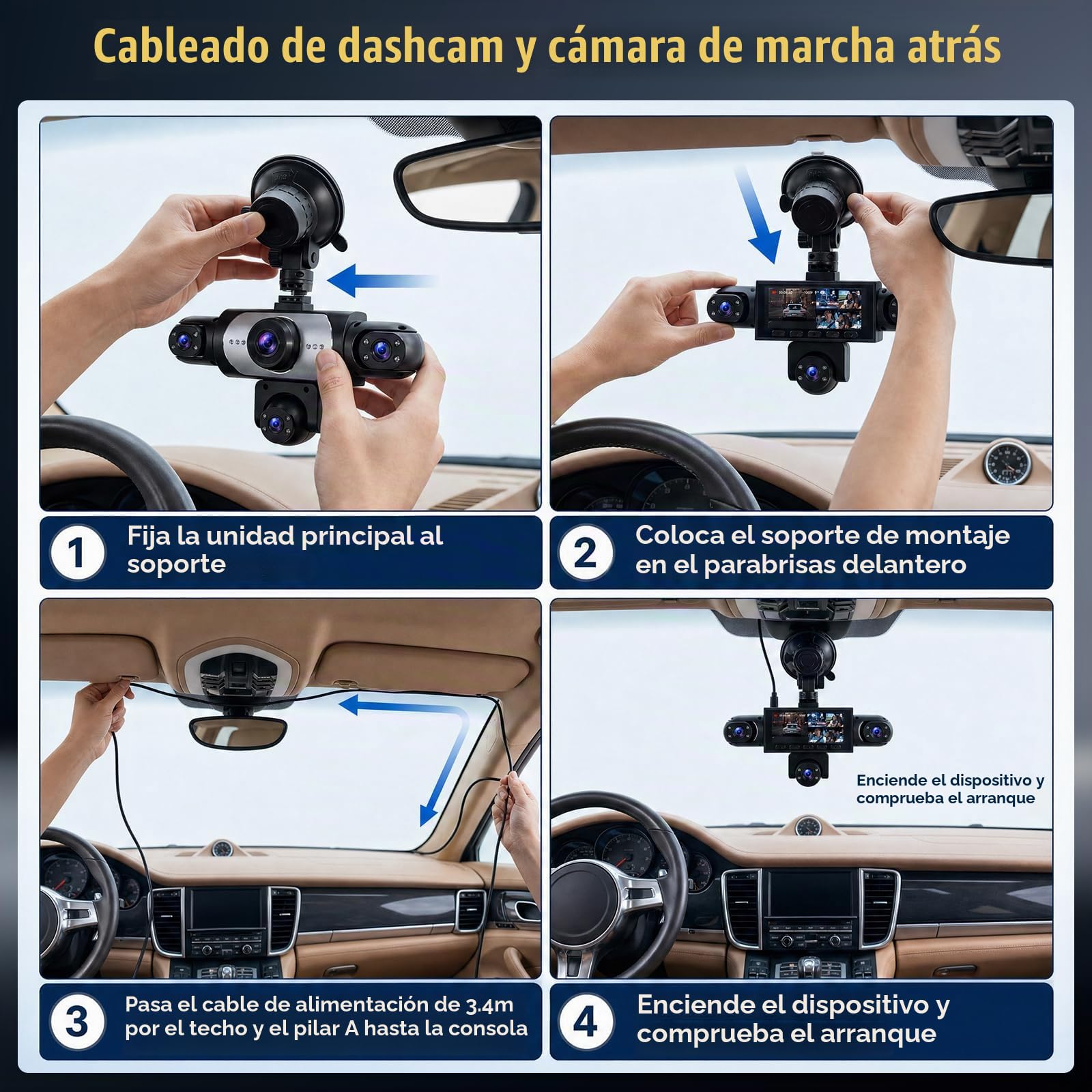 Cámara para Salpicadero de 5 Canales y 1080p con Visión de 360°, (Delantera, Trasera, Izquierda, Derecha e Interior), con Visión Nocturna, Compensación de Exposición y Asistente de Aparcamiento