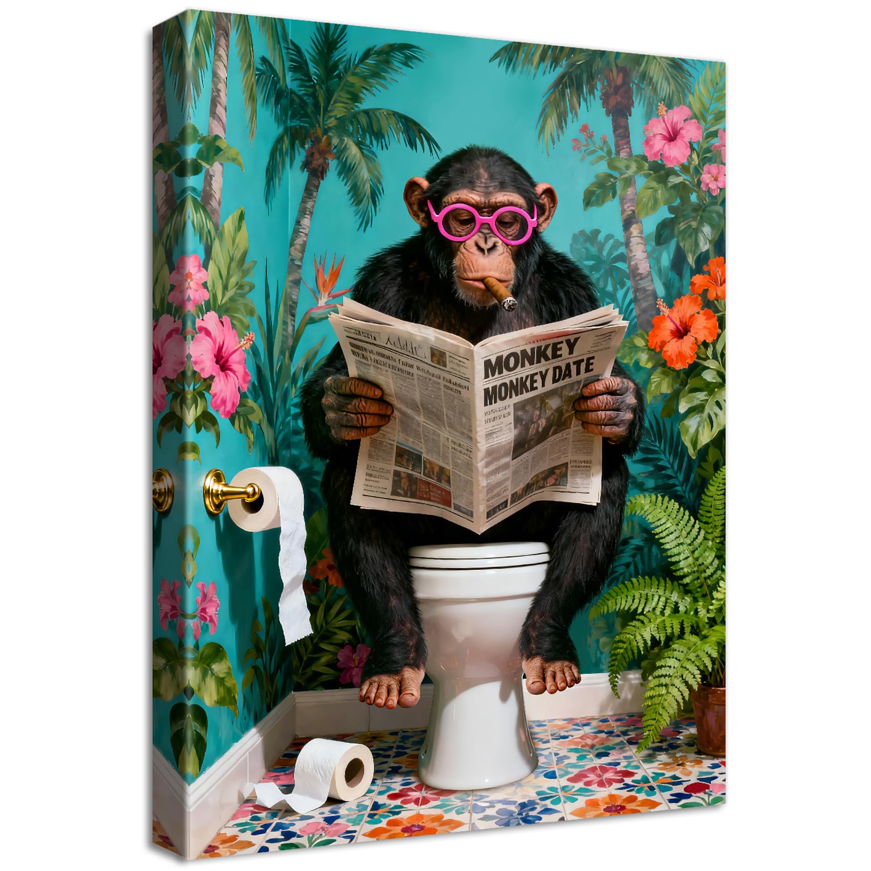 Wooden Framed Canvas Wall Art Funny Monkey Bathroom Painting on Canvas Prints Animals Humor Poster Monkey Reading the Newspaper on Toilet Pictures for Bathroom Toilet WC Wall Decoration 40x60cm