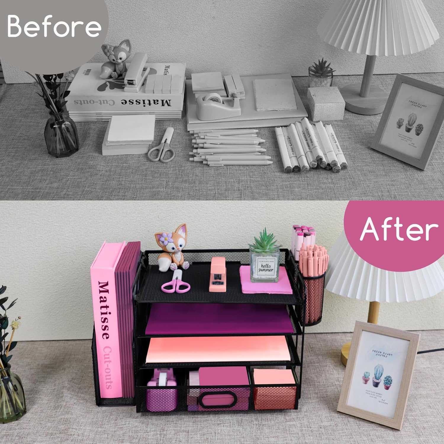 Desk Organizers and Accessories with File Holder, 4-Tier Paper Letter Tray Organiser with Drawer and 2 Pen Holder, Mesh Desktop Document Organizer for Office Supplies, Workspace - Black - Image 4