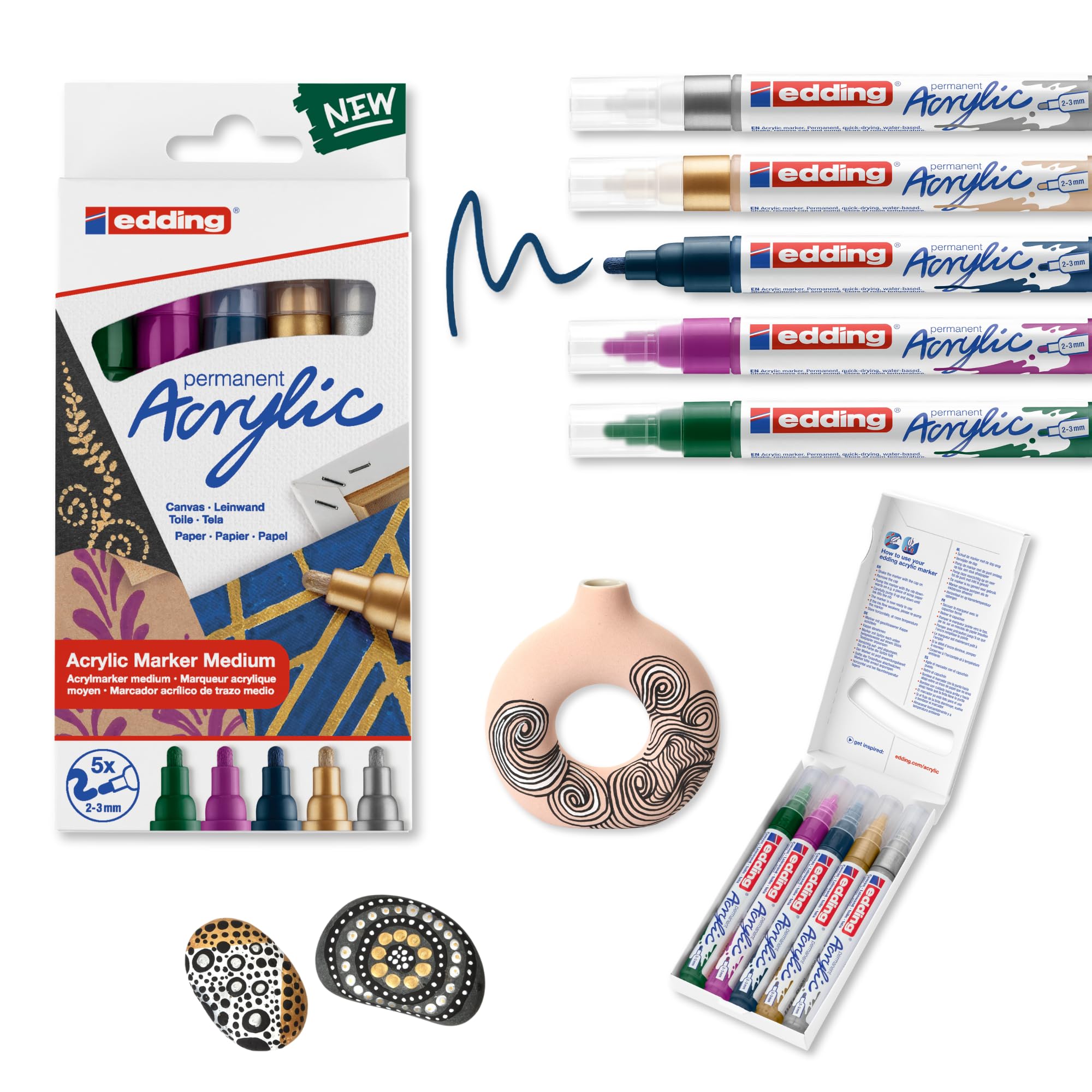 edding 5100 acrylic marker - green purple blue silber gold - acrylic paint markers 5-pack (metallic) - round tip 2-3mm - acrylic marker for pebbles, canvas and wood - acrylic marker waterproof
