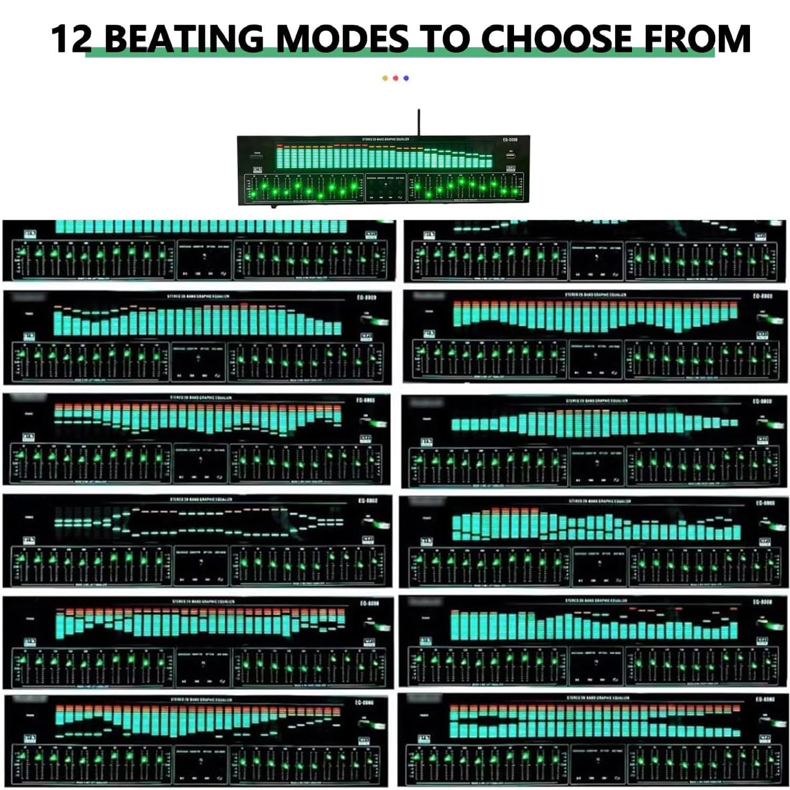 Ecualizador indicador de espectro musical, ecualizador digital de ecualizador de 31 bandas, 12 modos de salto/10 salidas de efecto preestablecido, con pantalla LED, intensidad de señal ajustable, para