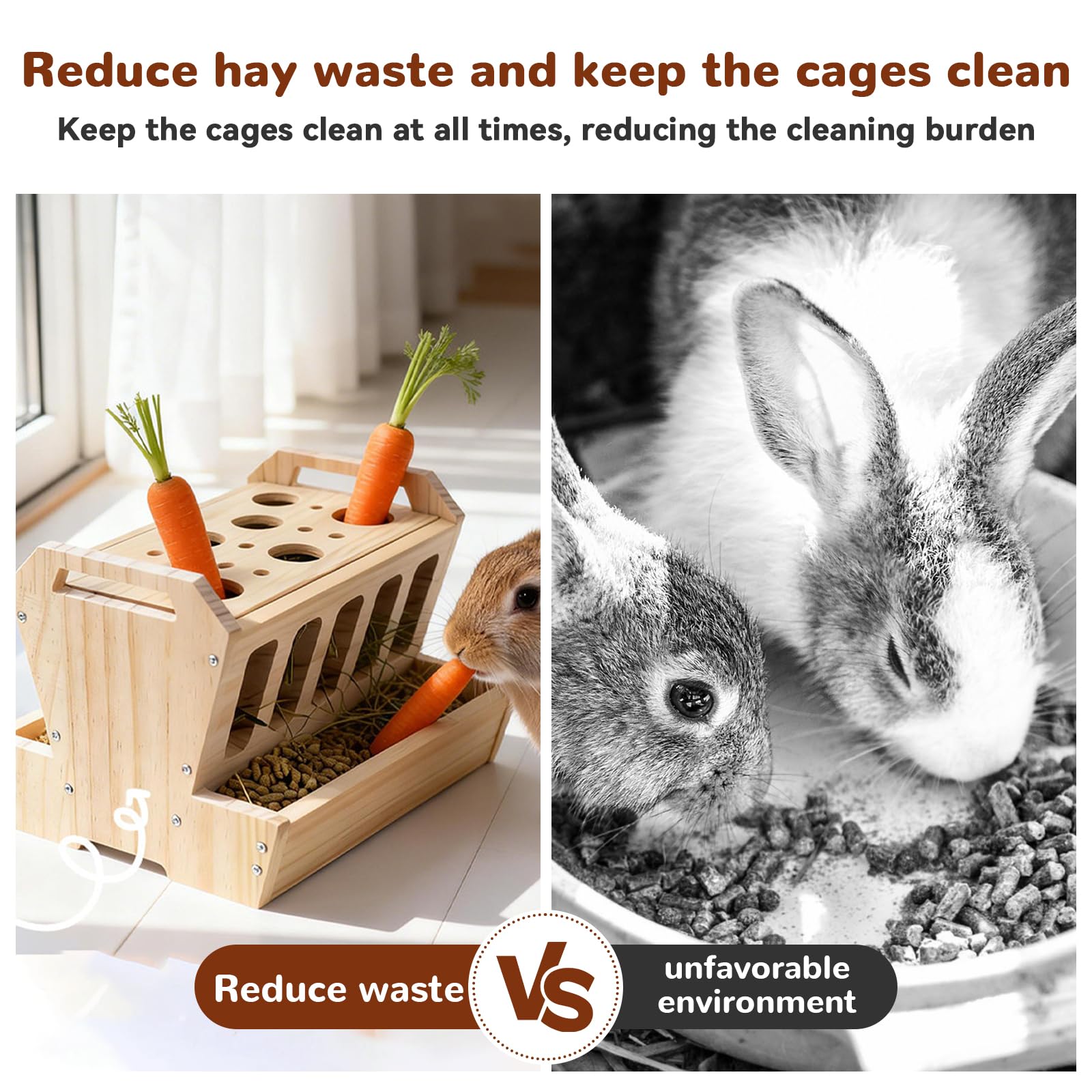 Distributeur de Foin en Bois Grande Capacité pour Lapins, 30×22×18CM Ratelier Foin Lapin, Mangeoire Autonome avec Râtelier à Carottes pour Cochon d'Inde Chinchilla Petit Animal