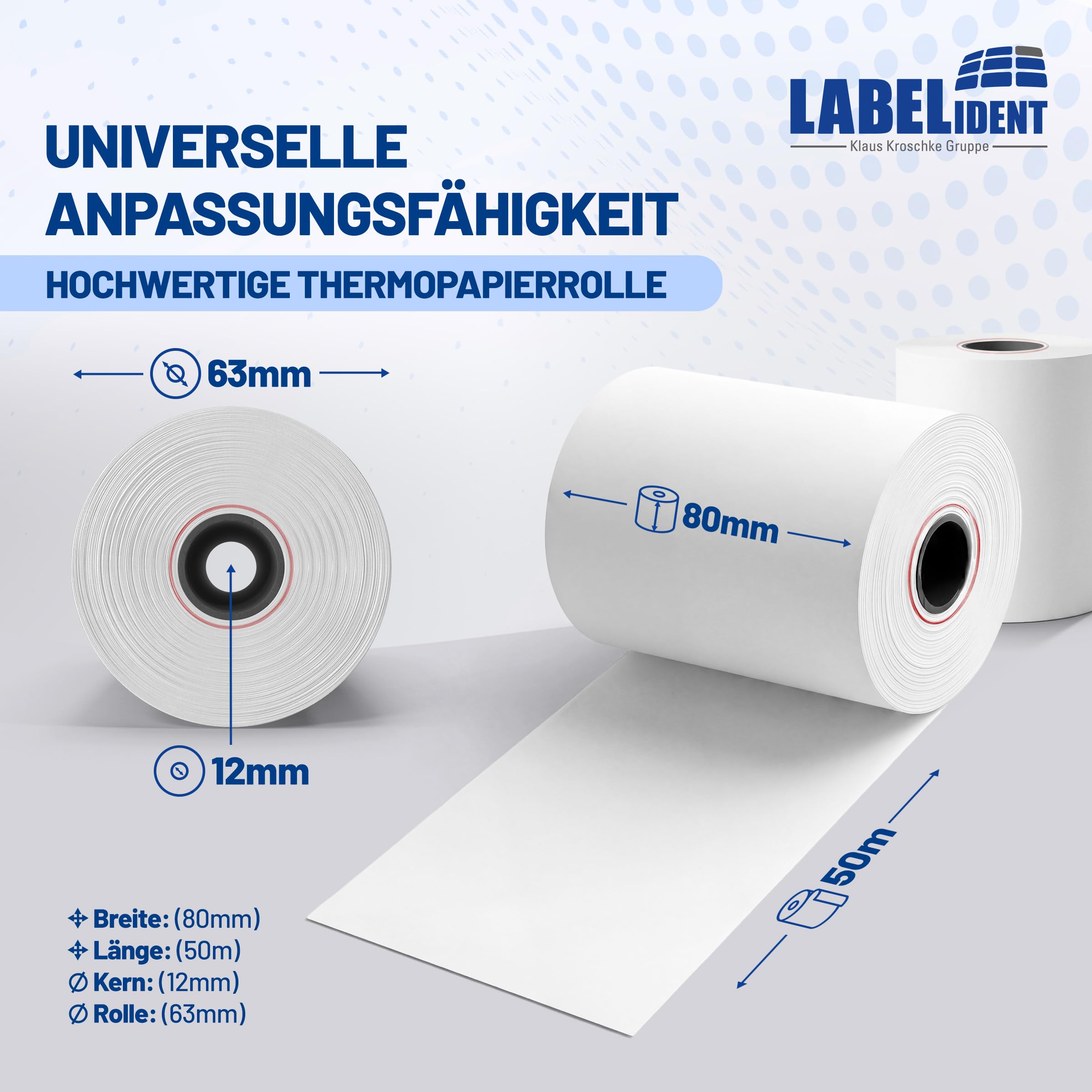 Labelident 50x Thermorollen 80mm x 50m x 12mm, Ø 63 mm, 55 g/m² | Bpa freie Bonrollen, Kassenrollen für alle gängigen Thermo Kassen-Bondrucker
