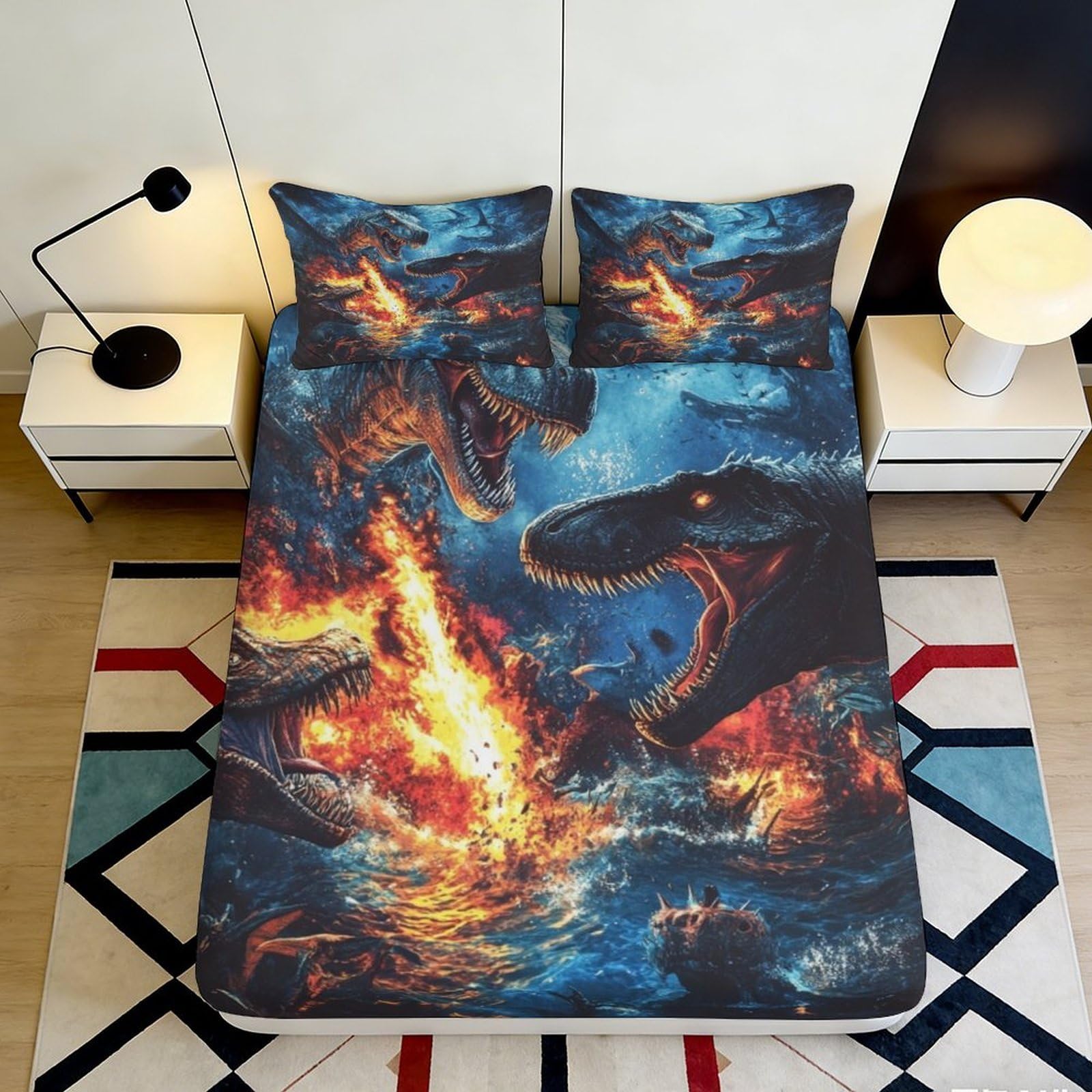 Dhbaneiok Style-9 3D Printed Fiery Dinosaur Fitted Sheet Microfiber Soft Non-Slip Jurassic Volcano Mattress Cover Bedroom Decor 90X200x25cm