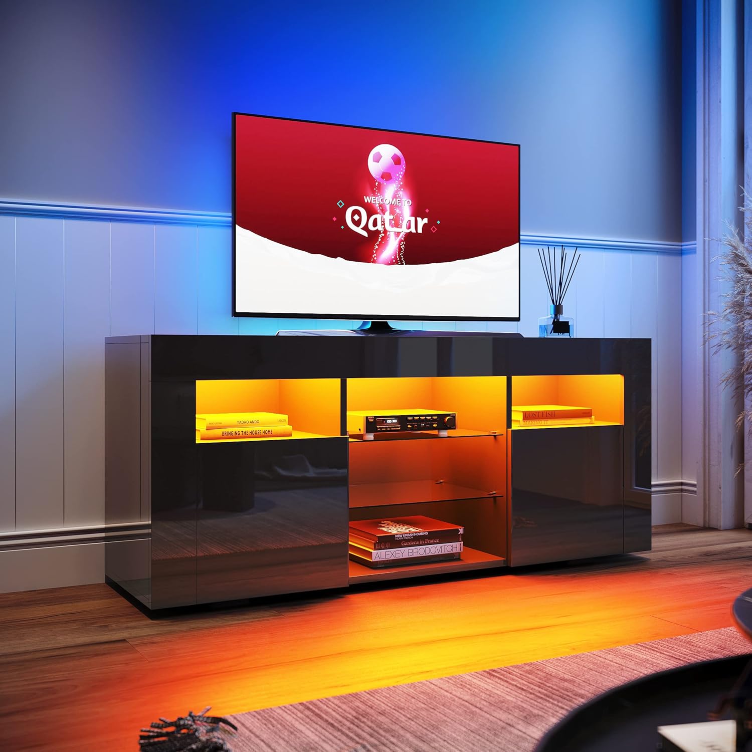 ELEGANT Black TV Stand 120cm High Gloss TV Unit with LED Lights