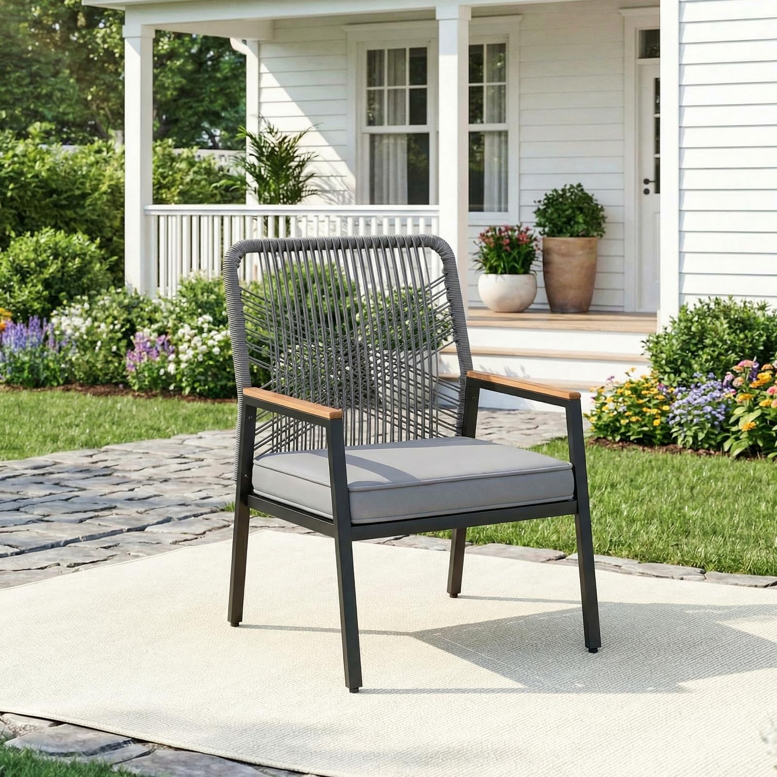 Clevich Rattan Garden Chair, Outdoor Armchair with 8cm Thick Cushion, Metal Frame and WPC Armrests, for Terrace, Garden and Porch