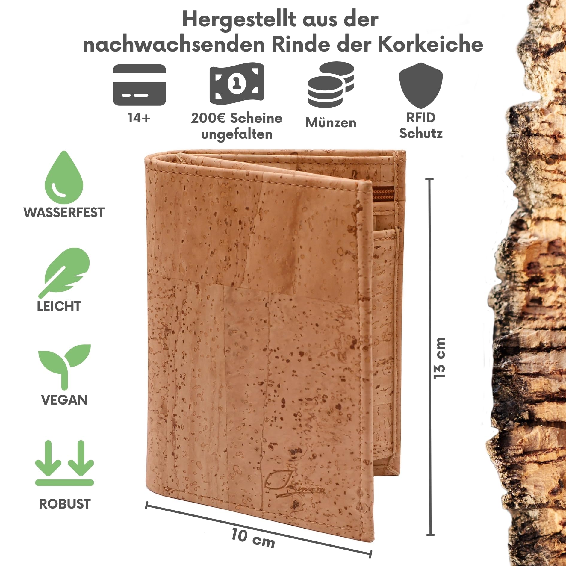 Simaru Geldbörse aus Kork mit RFID Schutz, Portemonnaie vegan für Damen & Herren, Geldbeutel für 10+ Karten, Scheine & Münzen