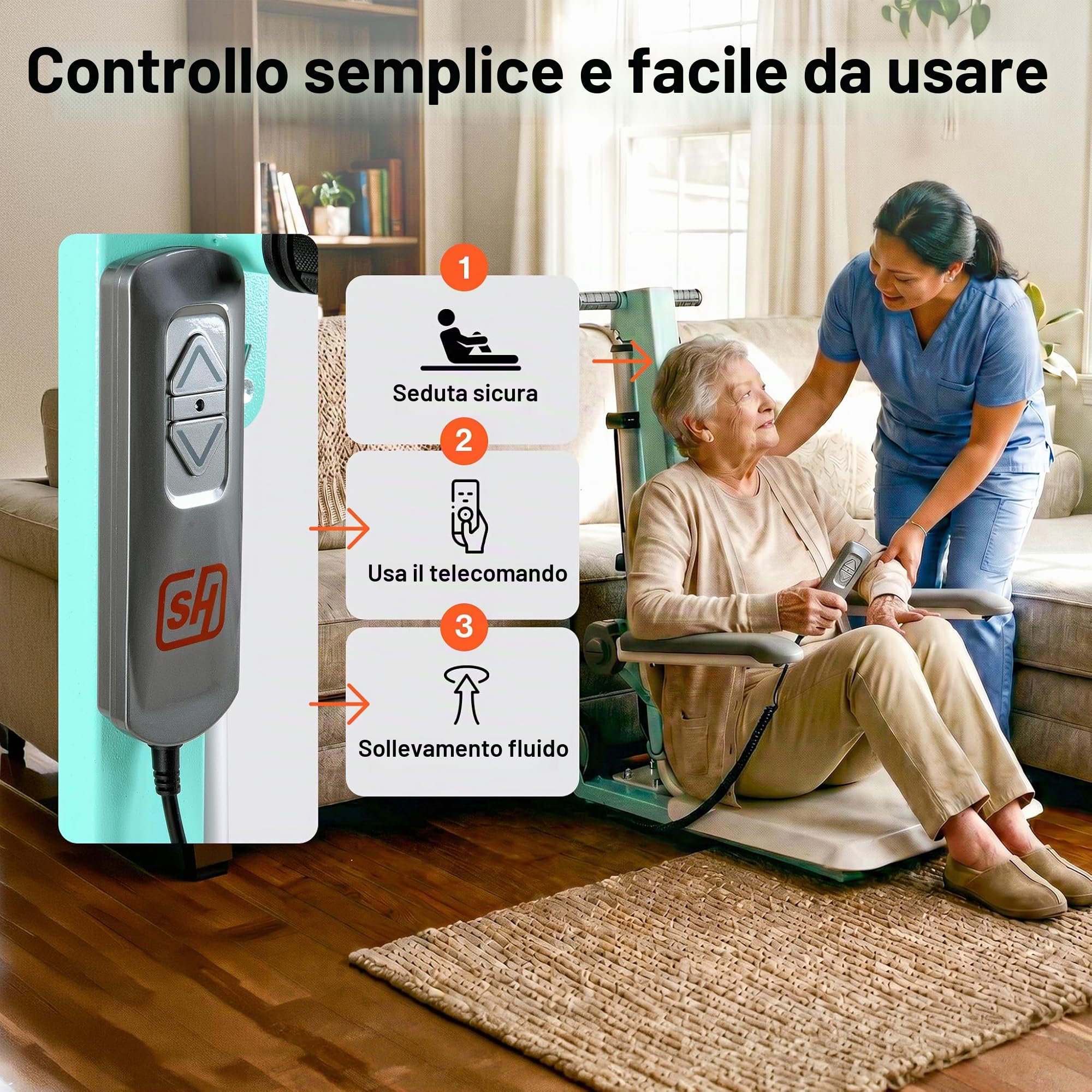 SuperHandy GoRise FC Sollevatore elettrico terra-sedia, portata 180 kg | assistenza al trasferimento per anziani e persone con disabilità, con telecomando magnetico facile da usare;Brevettato