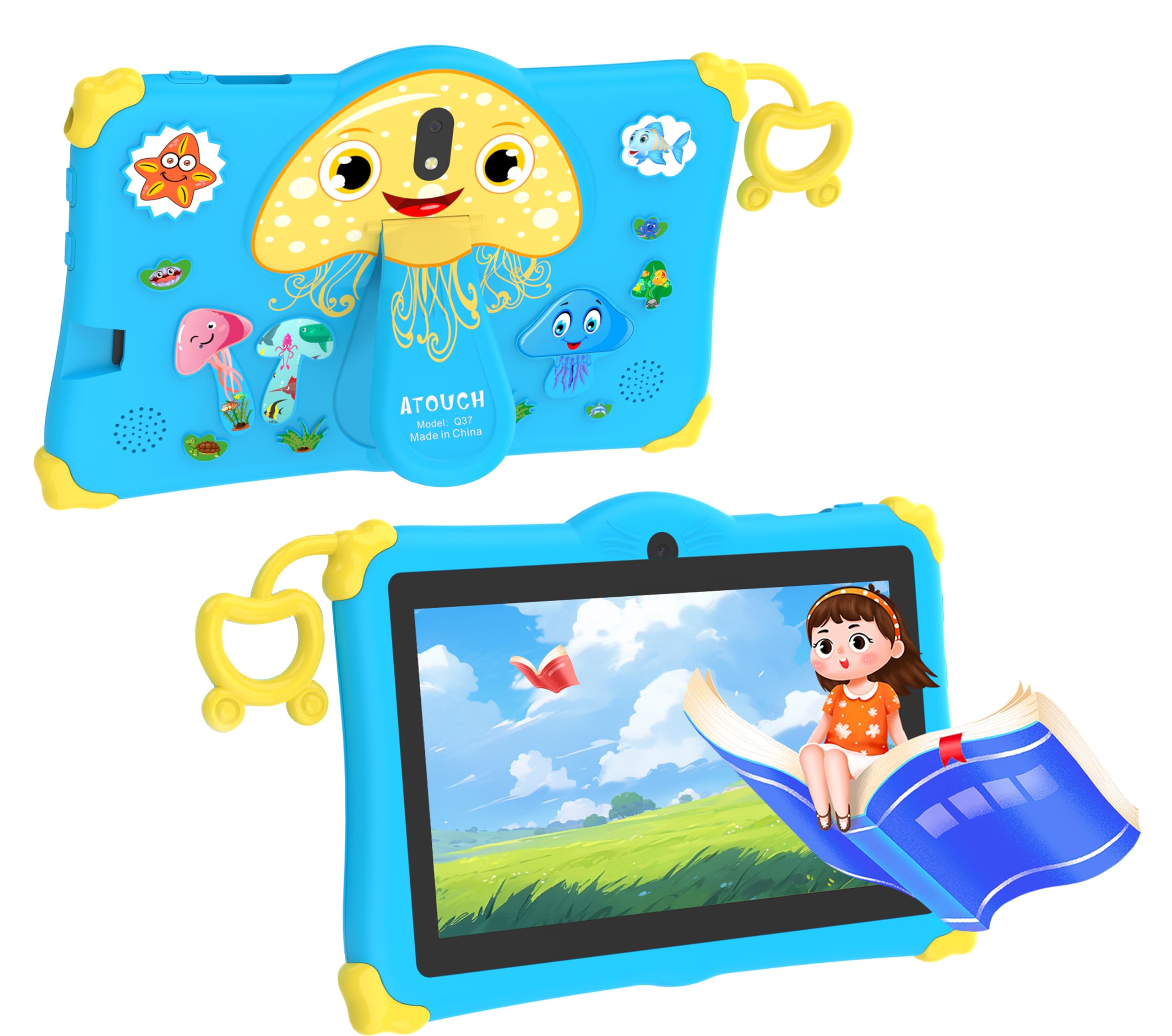 Atouch at your heartATOUCH Android Tablet For Kids, 7-Inch Screen Q37 Early Education Smart Tablet Anti-drop Silicone Edge Wi-Fi, Bluetooth, Games with Built-in Stand (Blue)