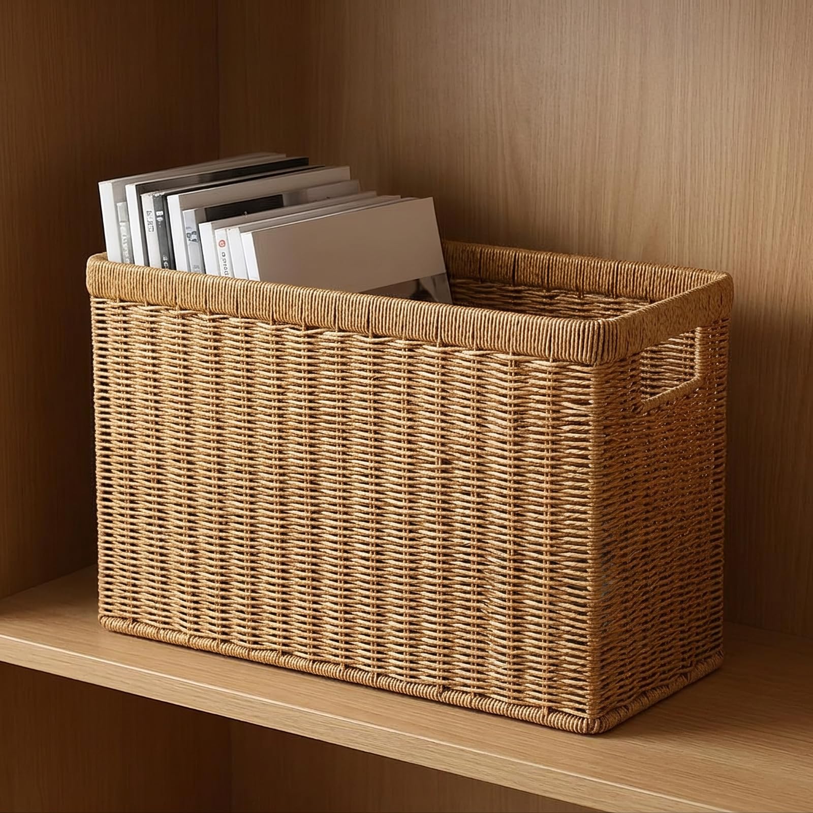 MagiDeal Panier En Imitation Rotin Rustique Bords Supérieurs Renforcés, Panier En Rotin Synthétique, pr Étagère, 38x15x26cm, Couvercle