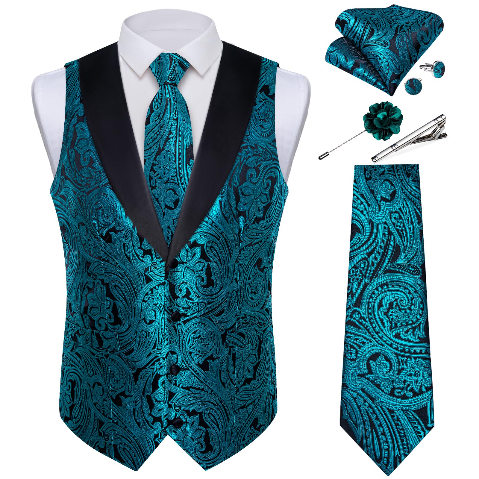 DiBanGu Mens Paisley Suit Vest Silk Jacquard Waistcoat and Necktie Set Formal Shawl Collar Dress Vest 7PCS for Wedding Party