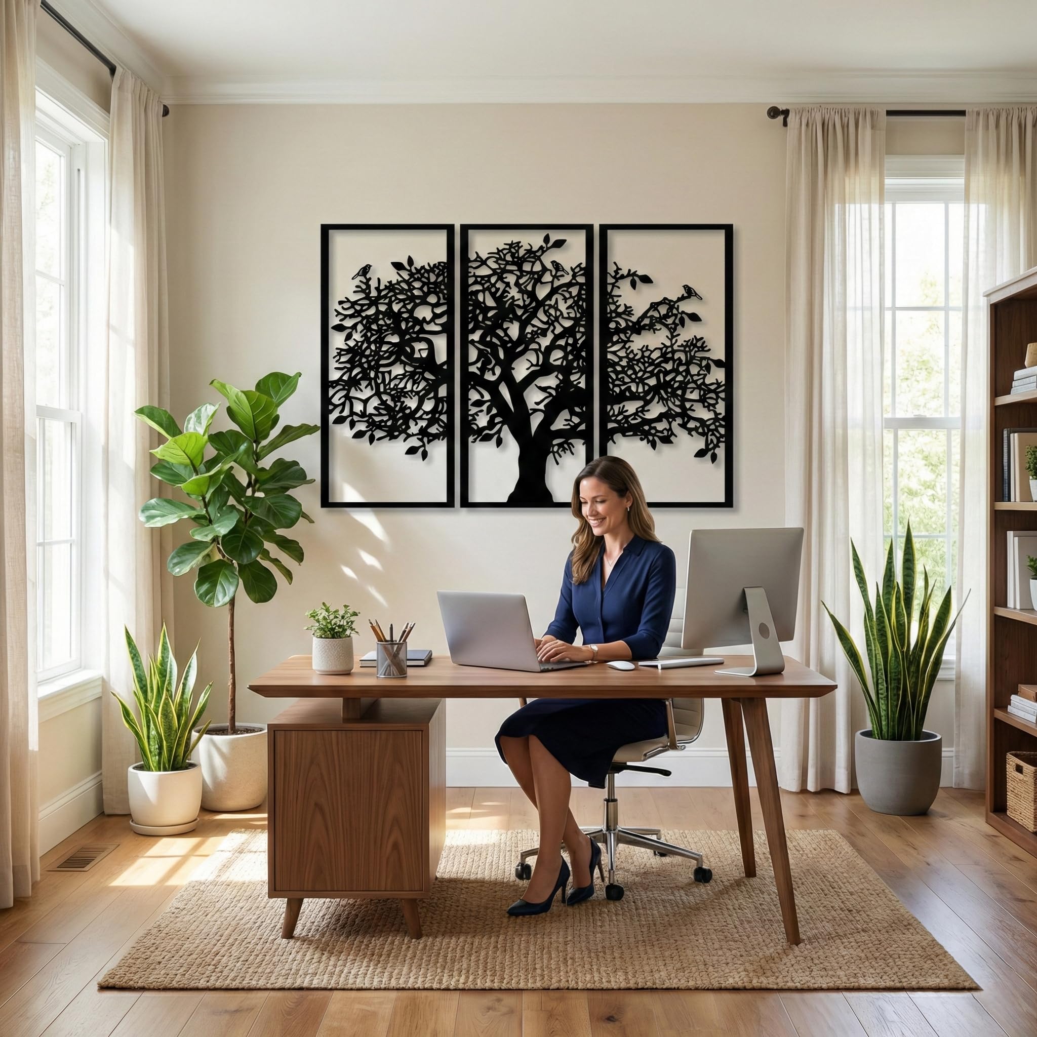 DEKADRON 3 Panels Familienstammbaum Metall Wanddekoration Baum des Lebens Wandkunst für Zuhause Schlafzimmer Wohnzimmer 76x51cm schwarz