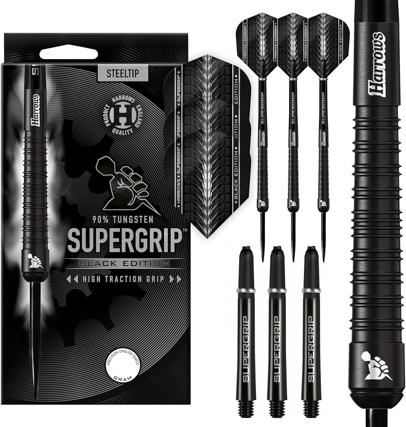 Harrows SUPERGRIP BLACK EDITION 90% Tungsten Steel Tip Darts Set. Available in 21g, 22g, 23g, 24g, 25g, 26g, 28g & 30g - Includes Supergrip Shafts & Supergrip Flights (23, Grams)