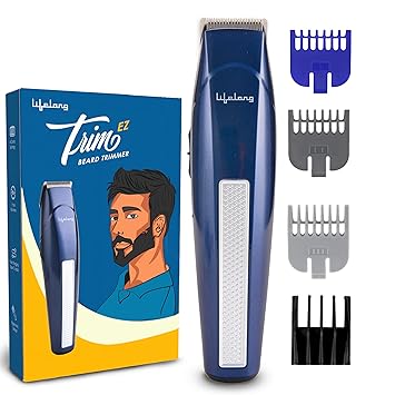 Lifelong Trim EZ Rechargeable Beard Trimmer for Men | SkinProtect Blades, Cordless Groomer with 4 Attachments, Brush & Oil Bottle, 500mAh Lithium Battery, USB Type-C Charging, 60 Min Runtime (Blue)