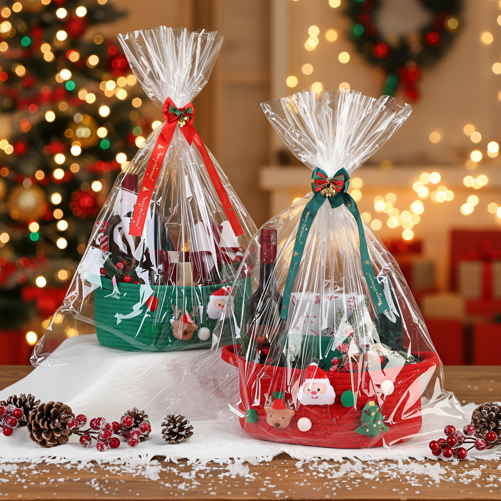 Honeydak Geschenkkorb mit Zellophan und Schleife, leer, Weihnachtsmann, Hirsch, Baum, gewebter Korb mit Griff für Weihnachtsgeschenkverpackung, Heimdekorationen, 4er-Set