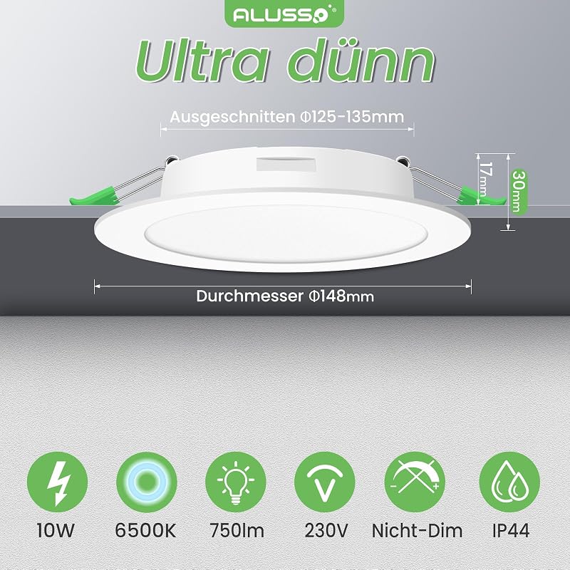 ALUSSO LED Süllyesztett Spotlámpa Szett, 6db, 10W, 750lm, Hideg Fehér 6500K, IP44 Vízálló, Fürdőszobába, Konyhába, 30mm Ultravékony, 125-135