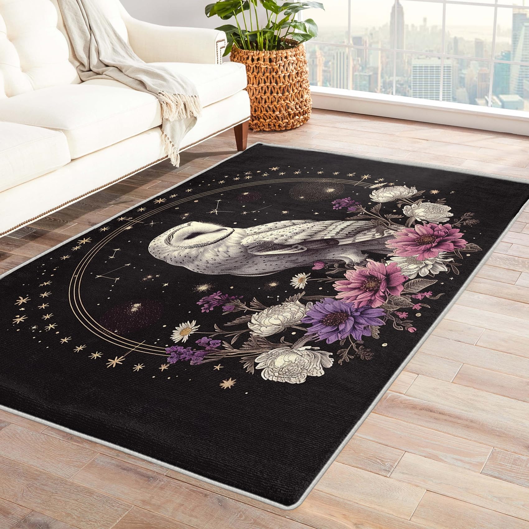 Generic Owl Rugs for Living Room - 4x6 Rug - Owl Rug - Floral Wisdom Bird Area Rug - Barn Owl and Flower Rugs - Black Aesthetic Carpet