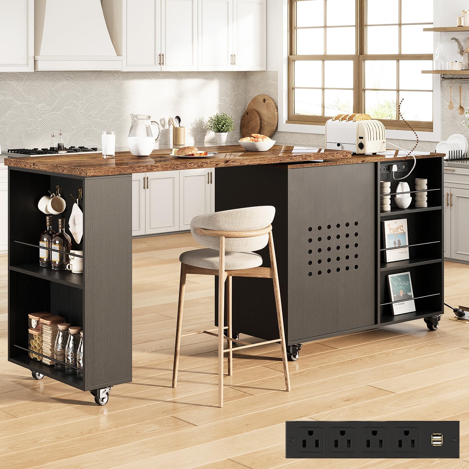 HSH Kitchen Island with Storage & Power Outlet, Rolling Kitchen Island Cart with 360° Swivel Table & Seating, Mobile Wood Kitchen Island Table with Cabinet, Drawers & Shelves on Wheels, Rustic Brown